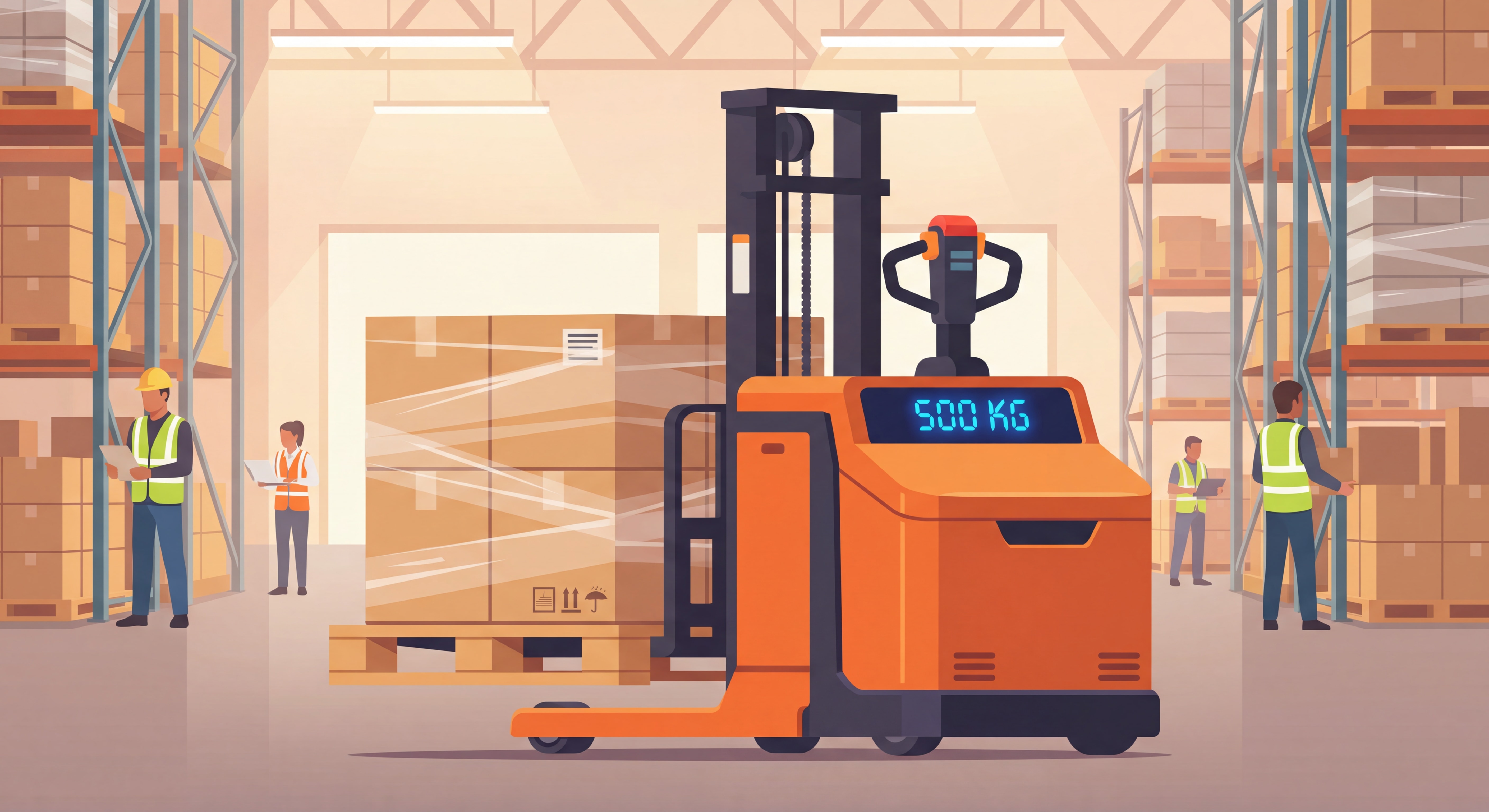 Transpalette peseur en action dans un entrepôt logistique, avec afficheur LED et palette chargée sur les fourches