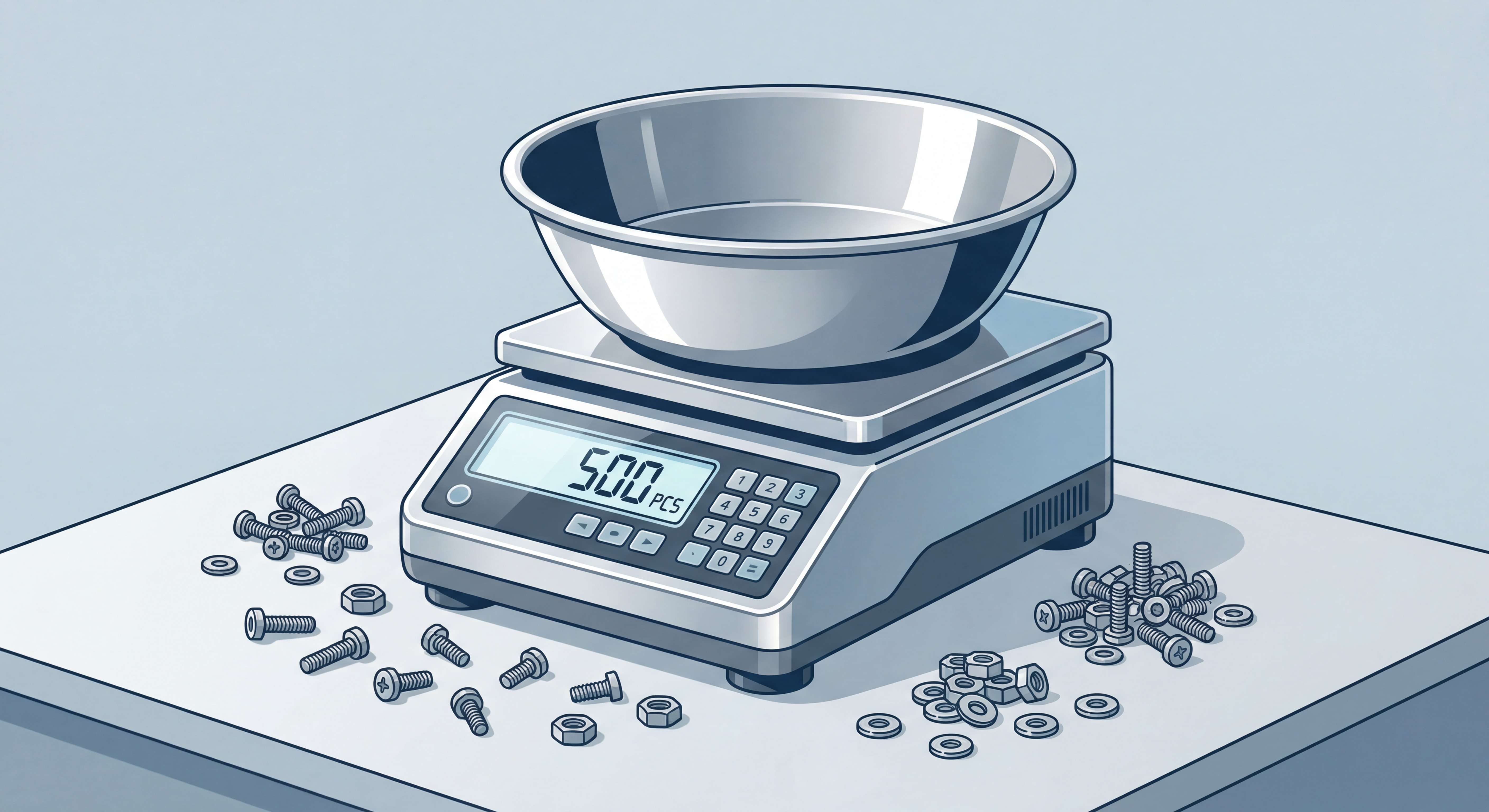 Balance compteuse professionnelle avec plateau inox et afficheur numérique, entourée de vis et de petites pièces métalliques à compter