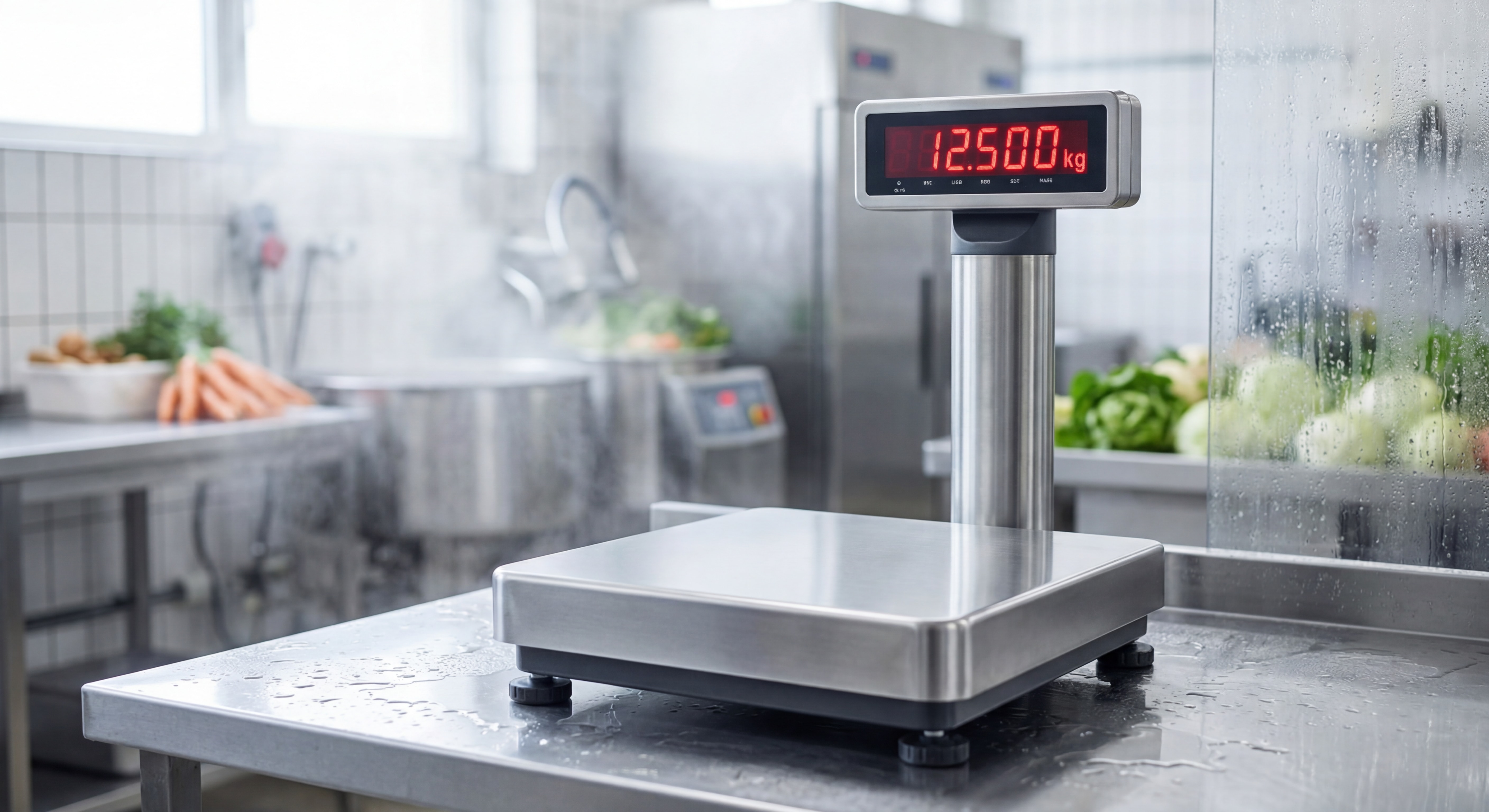 Balance étanche IP68 avec plateau inox dans un environnement agroalimentaire humide, afficheur LED sur colonne