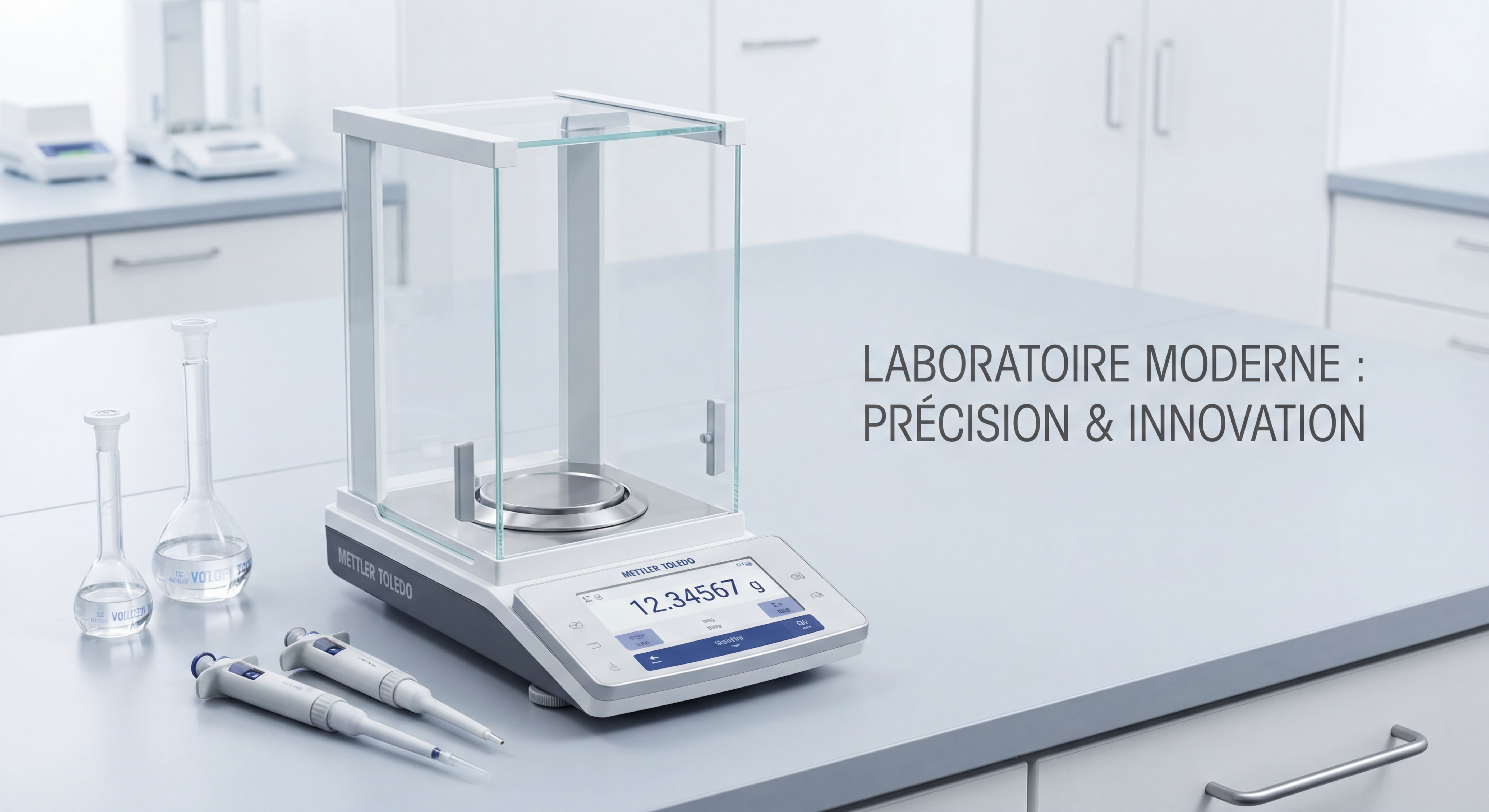 Balance de précision avec chambre de protection anti-courant d'air sur paillasse de laboratoire, plateau inox et afficheur digital haute résolution