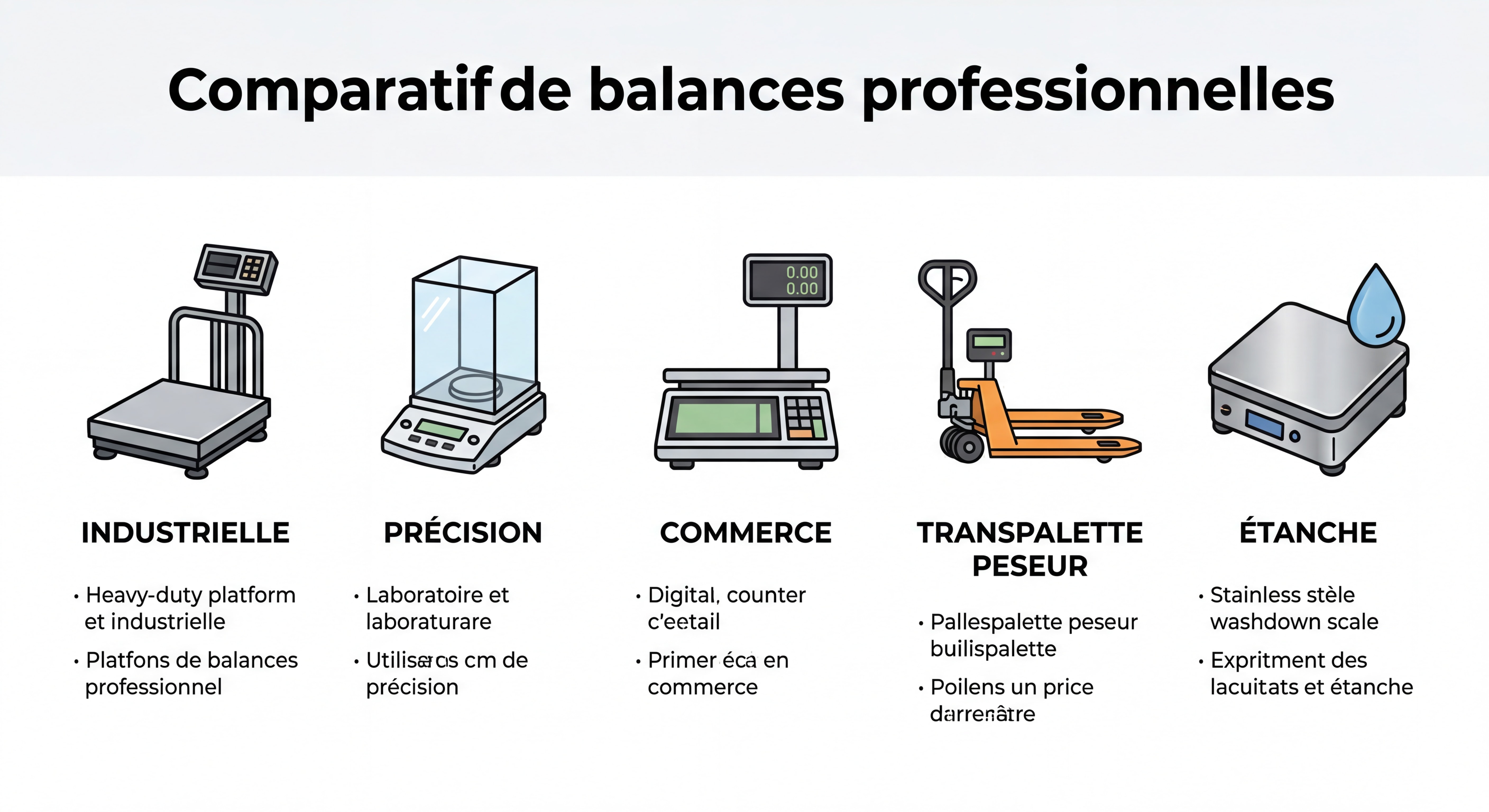 Comparatif de différents types de balances professionnelles – balance industrielle, balance de précision, balance de commerce, transpalette peseur et balance étanche sur fond neutre