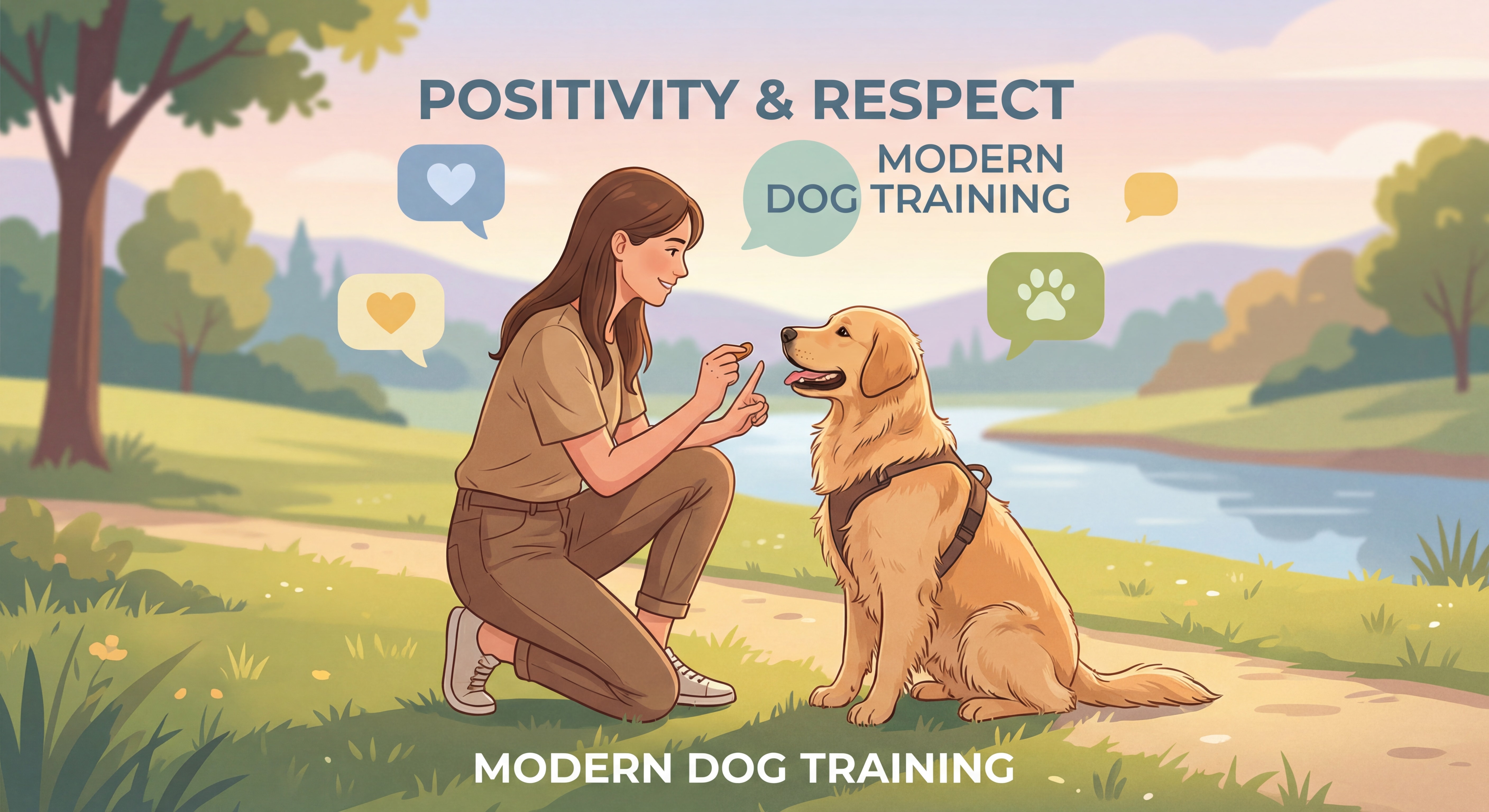 Scène d'éducation adaptée entre un humain et son chien en extérieur, ambiance douce et bienveillante, communication positive et respectueuse