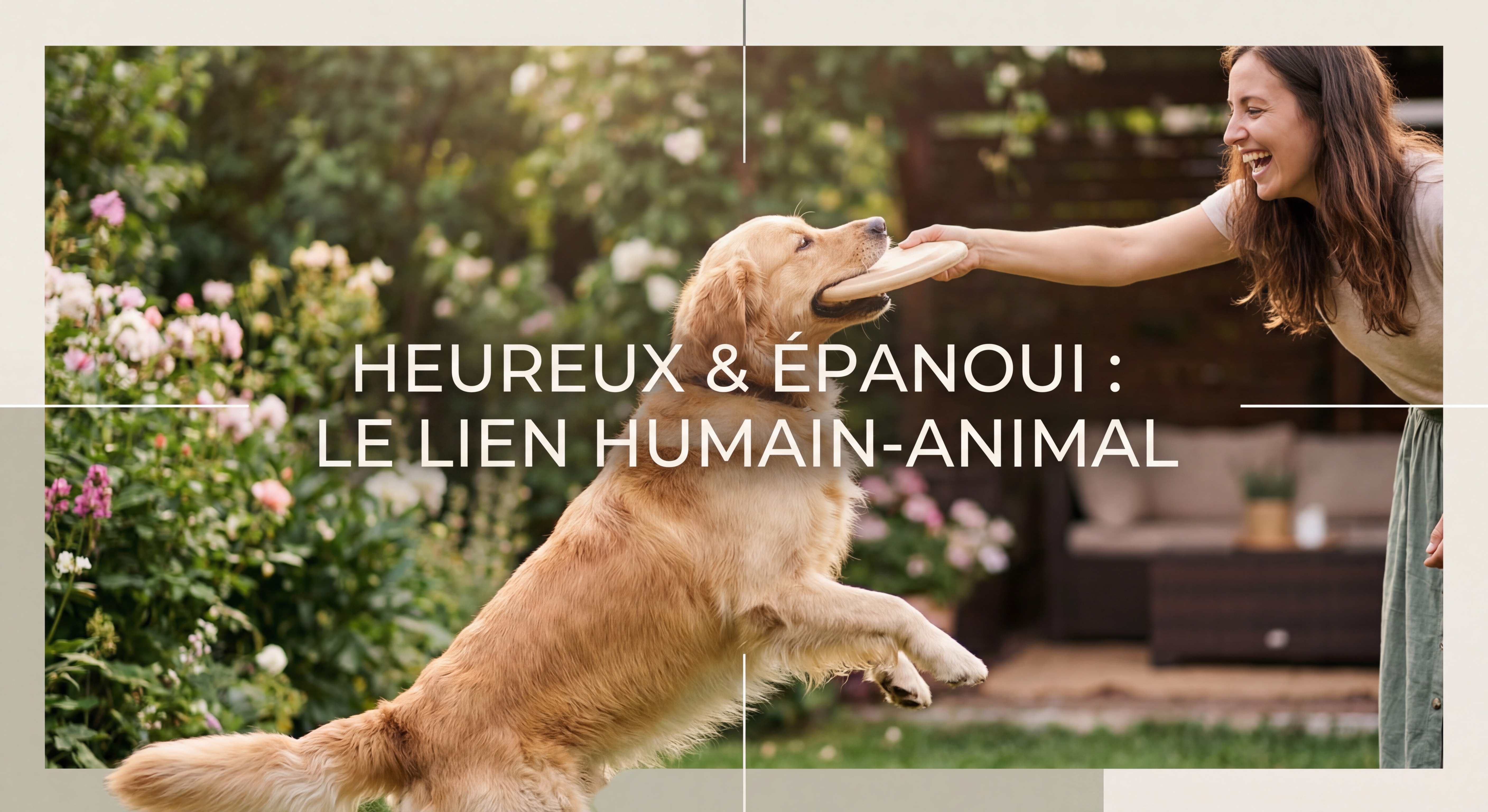 Chien heureux et épanoui jouant avec son propriétaire dans un jardin ensoleillé, lien de complicité fort et joyeux entre l'humain et son animal