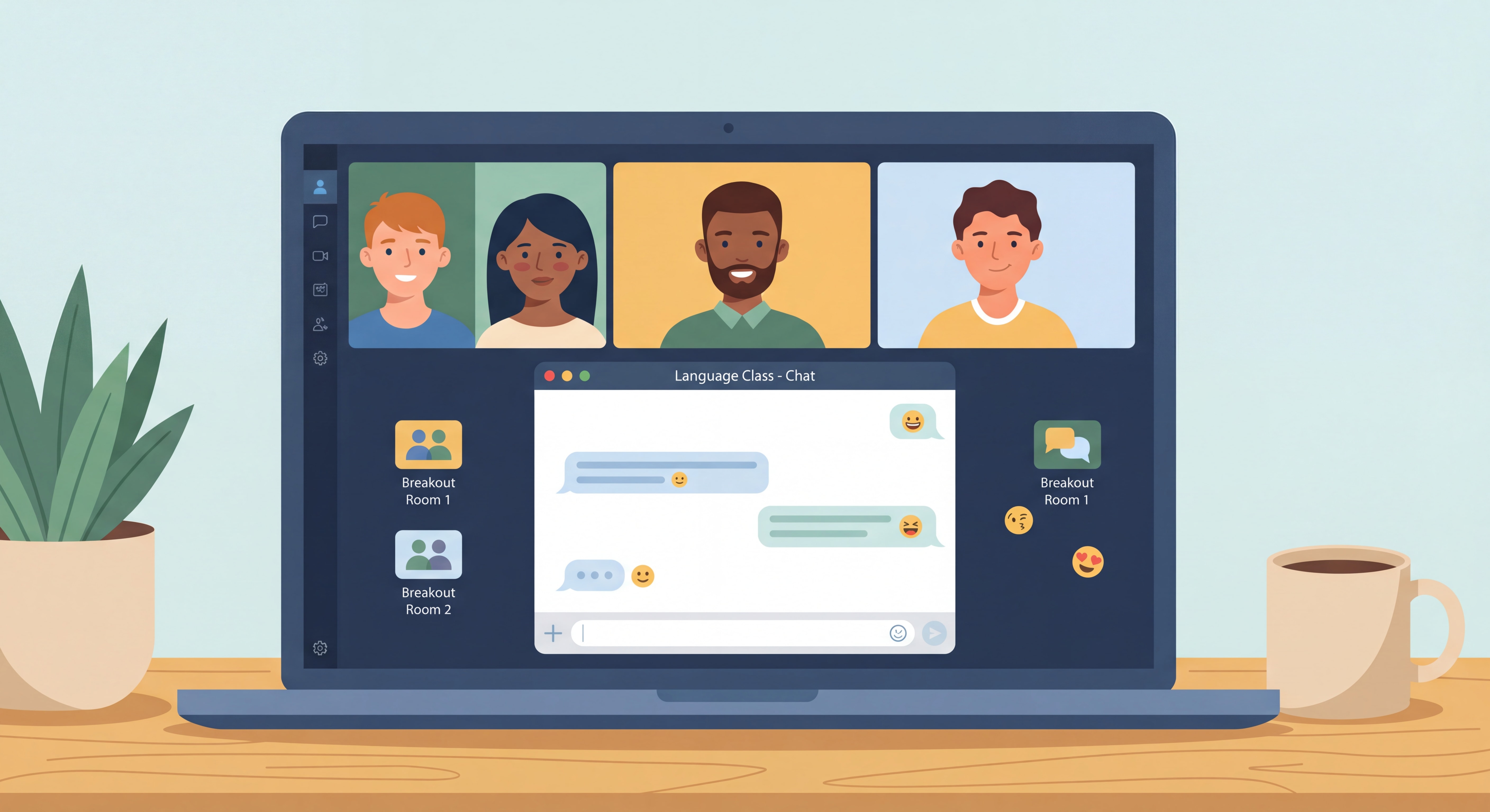 Students participating in an interactive online language class via video call with chat engagement and breakout rooms