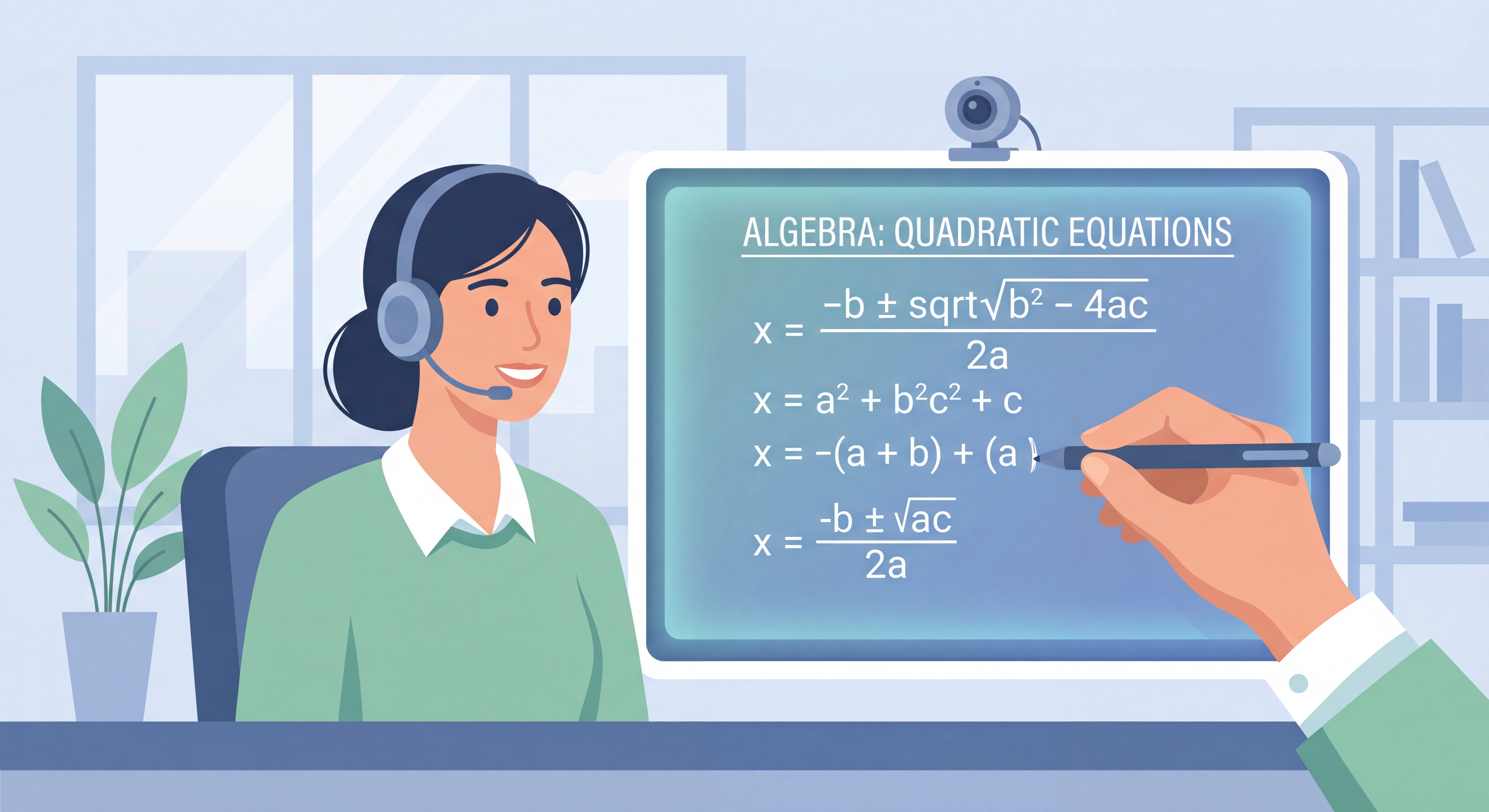Online teacher using digital whiteboard to explain mathematics equations during a live e-learning session