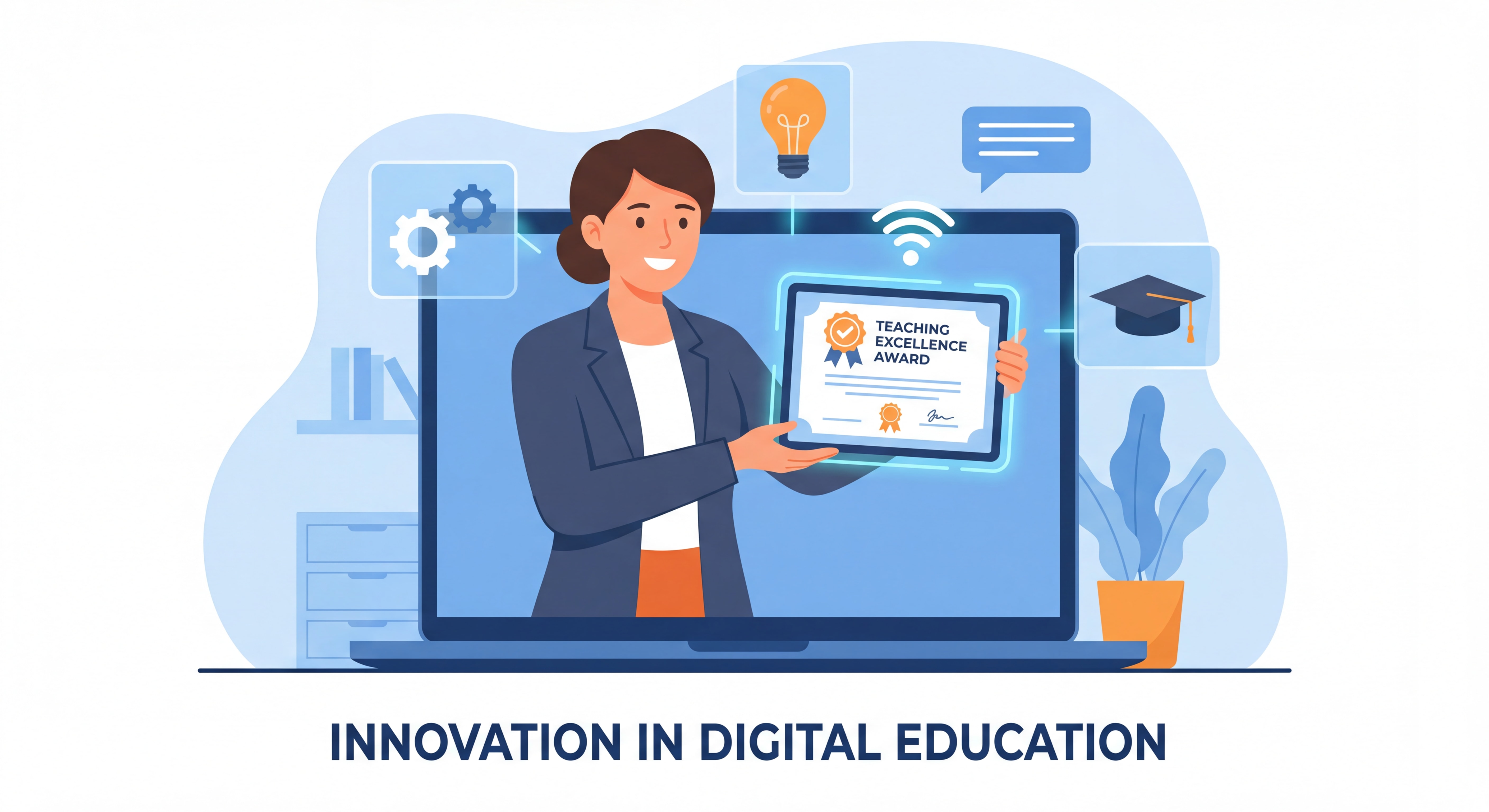 University instructor receiving an online teaching excellence award, symbolising innovation in digital education