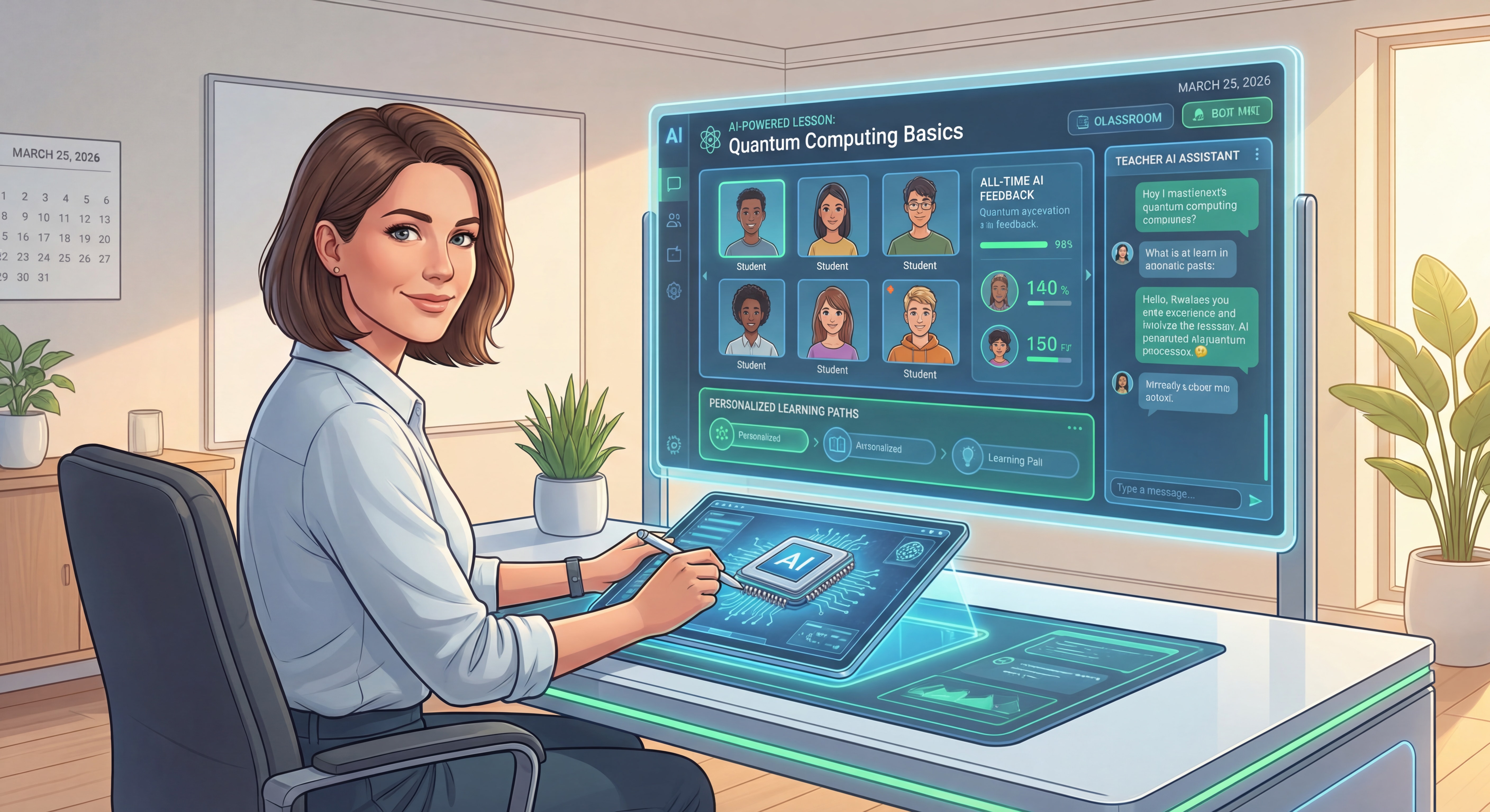 Teacher delivering an innovative online lesson using AI-powered tools on a digital platform in 2026