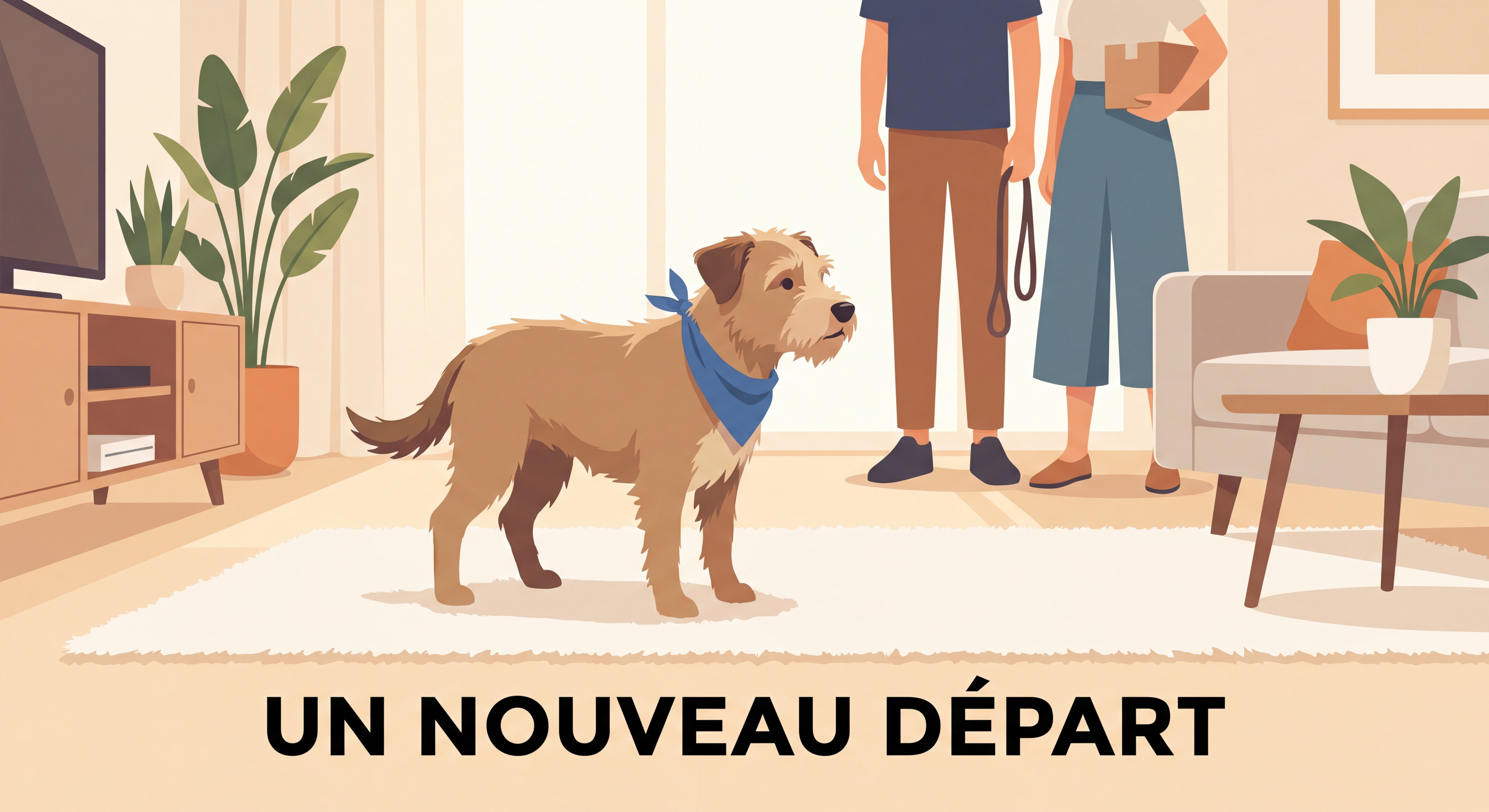 Chien de refuge arrivant dans un nouveau foyer, l'air légèrement stressé mais curieux, regardant autour de lui dans un salon inconnu