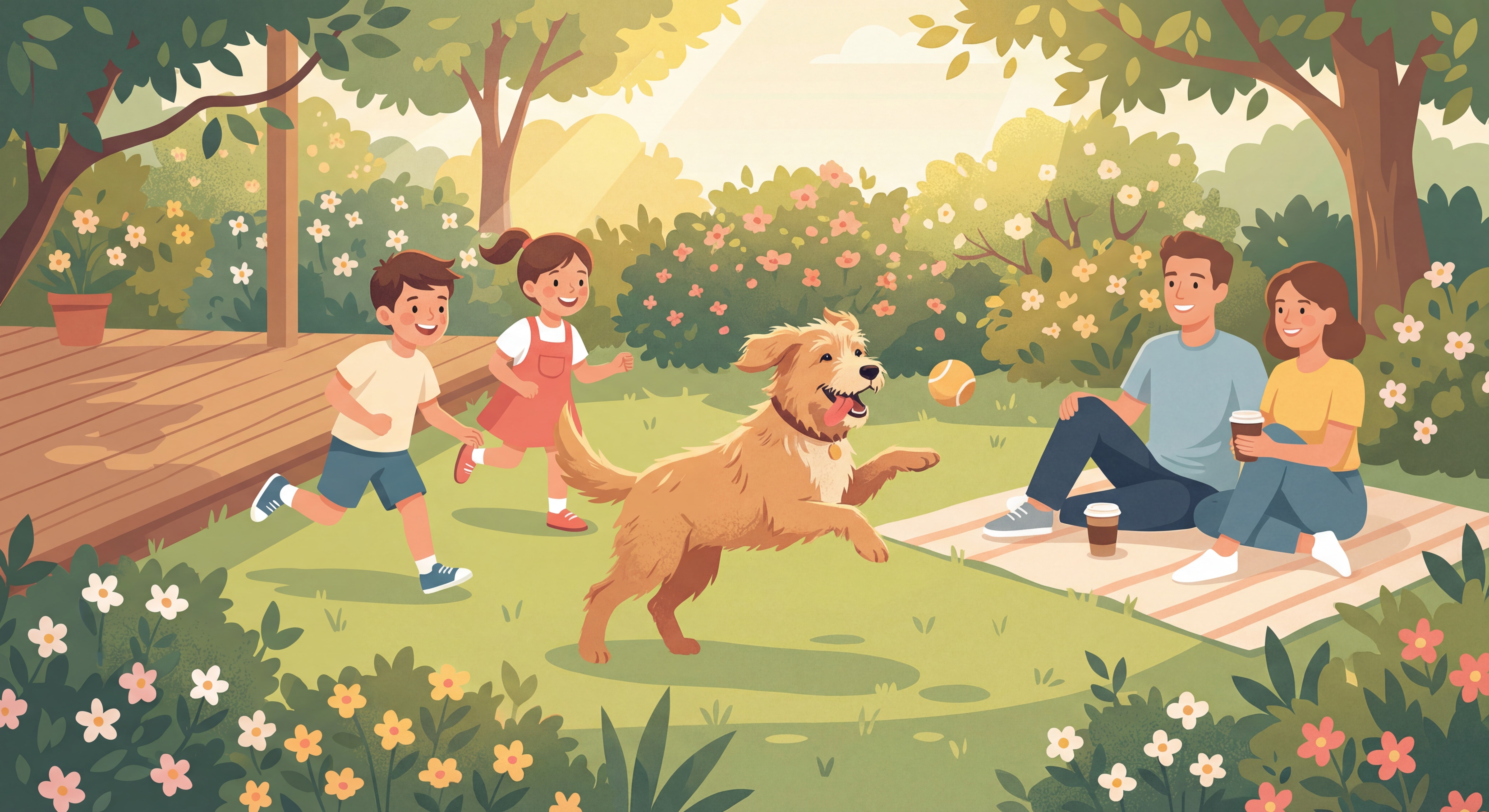 Chien épanoui et heureux jouant avec sa famille dans un jardin ensoleillé, bien intégré et détendu, entouré d'enfants souriants