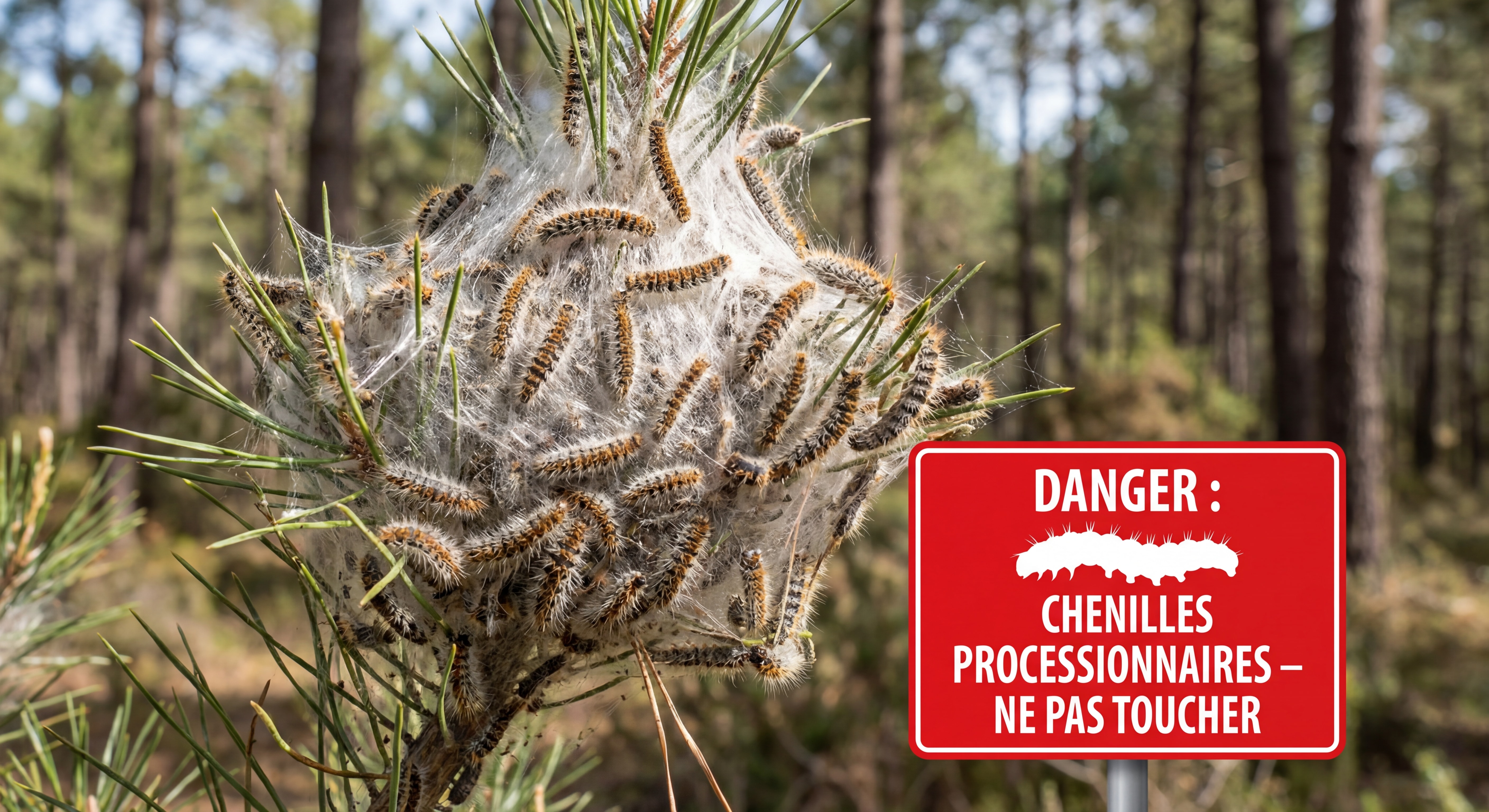 Gros plan sur un nid de chenilles processionnaires blanc cotonneux dans un pin, avec un panneau de danger rouge en premier plan, forêt en arrière-plan