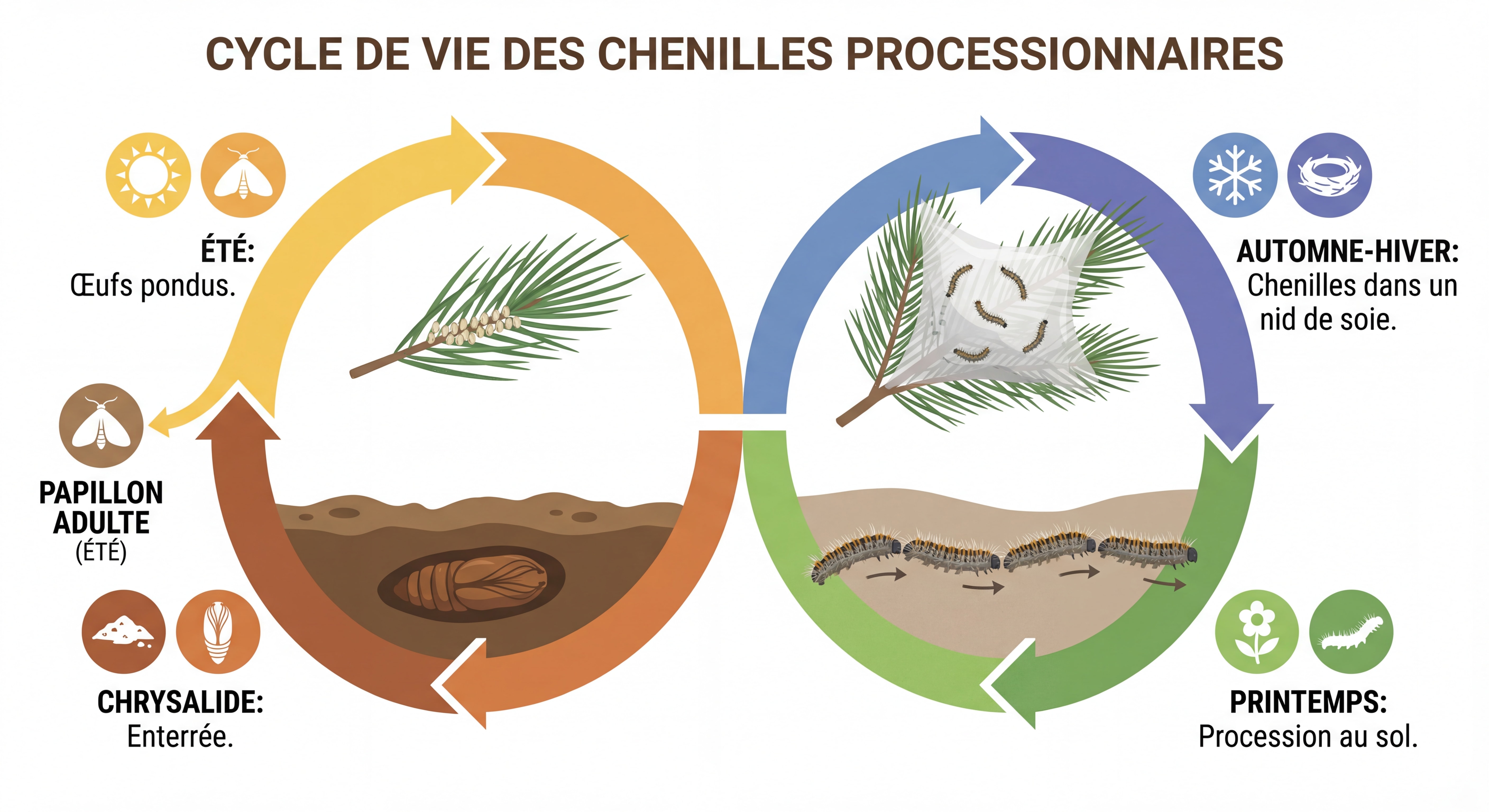 Infographie colorée et claire illustrant le cycle de vie des chenilles processionnaires — œufs pondus en été, chenilles en automne-hiver dans leur nid de soie dans un pin, procession au sol au printemps, chrysalide enterrée, papillon adulte en été
