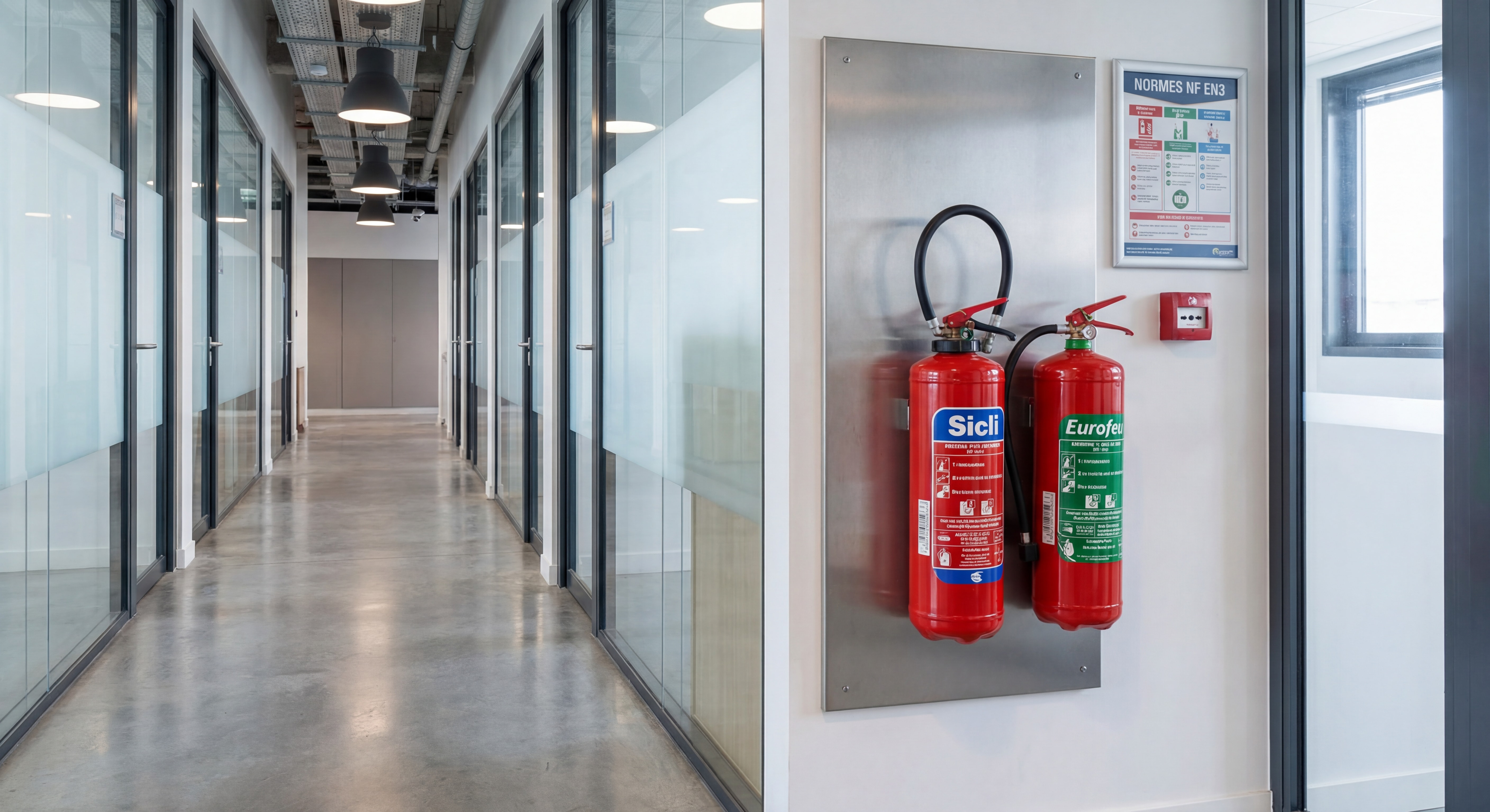 Extincteur Sicli et Eurofeu installés dans un couloir de bâtiment professionnel conforme aux normes incendie NF EN3
