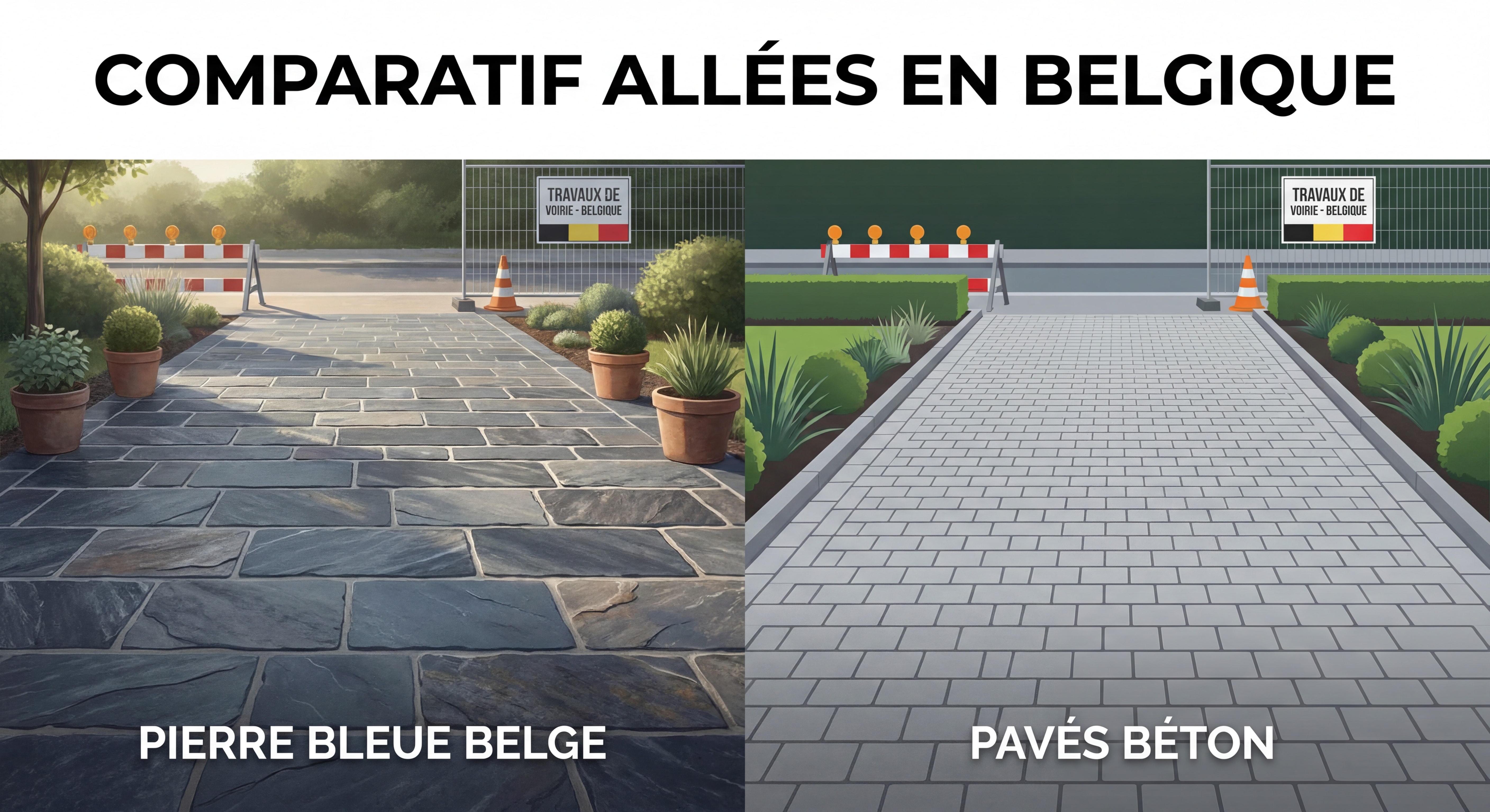 Comparaison allée en pierre bleue belge et allée en pavés béton - travaux de voirie en Belgique