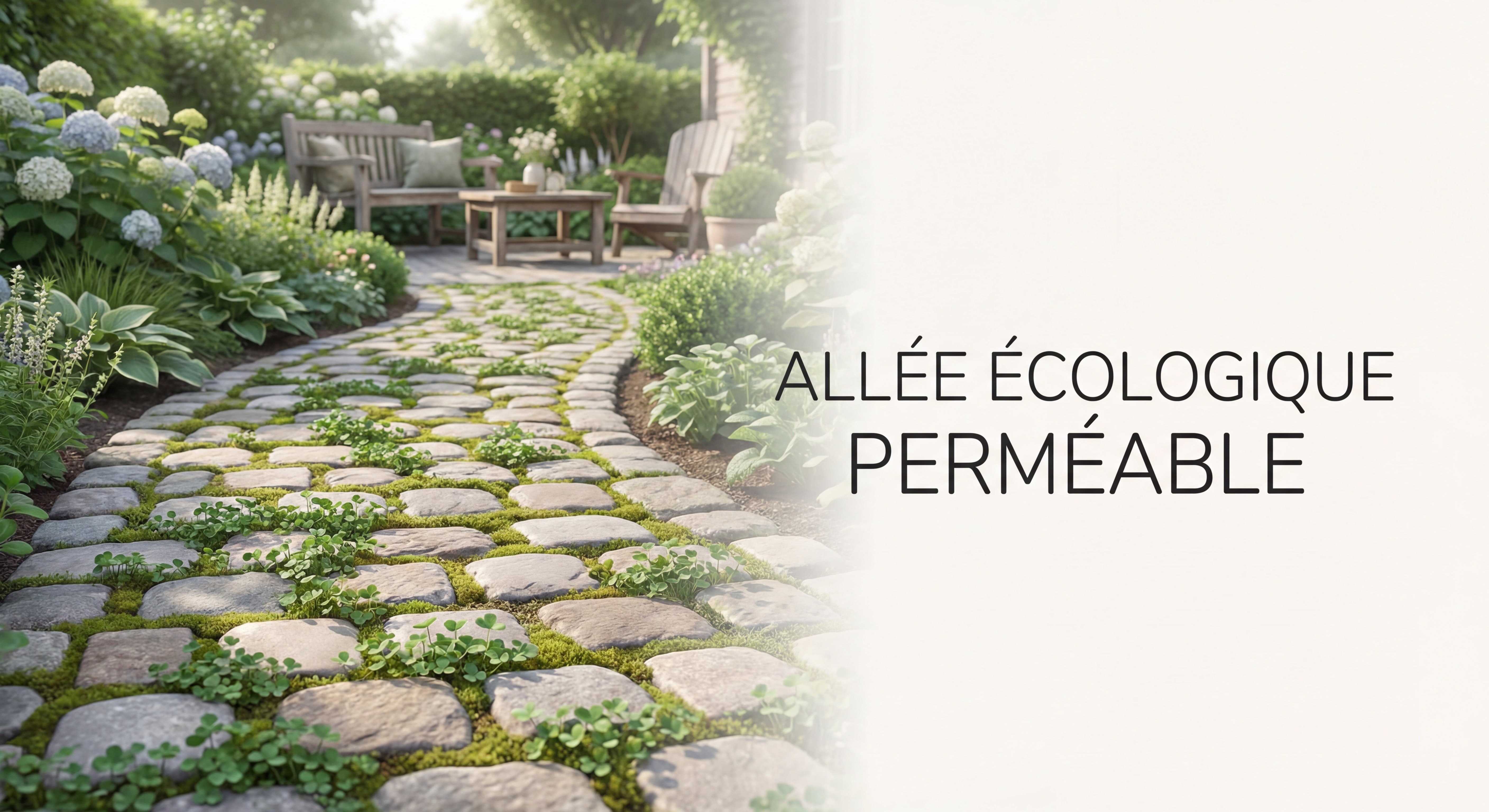 Allée en pavés à joints ouverts avec végétation entre les pierres — revêtement écologique perméable pour jardin belge