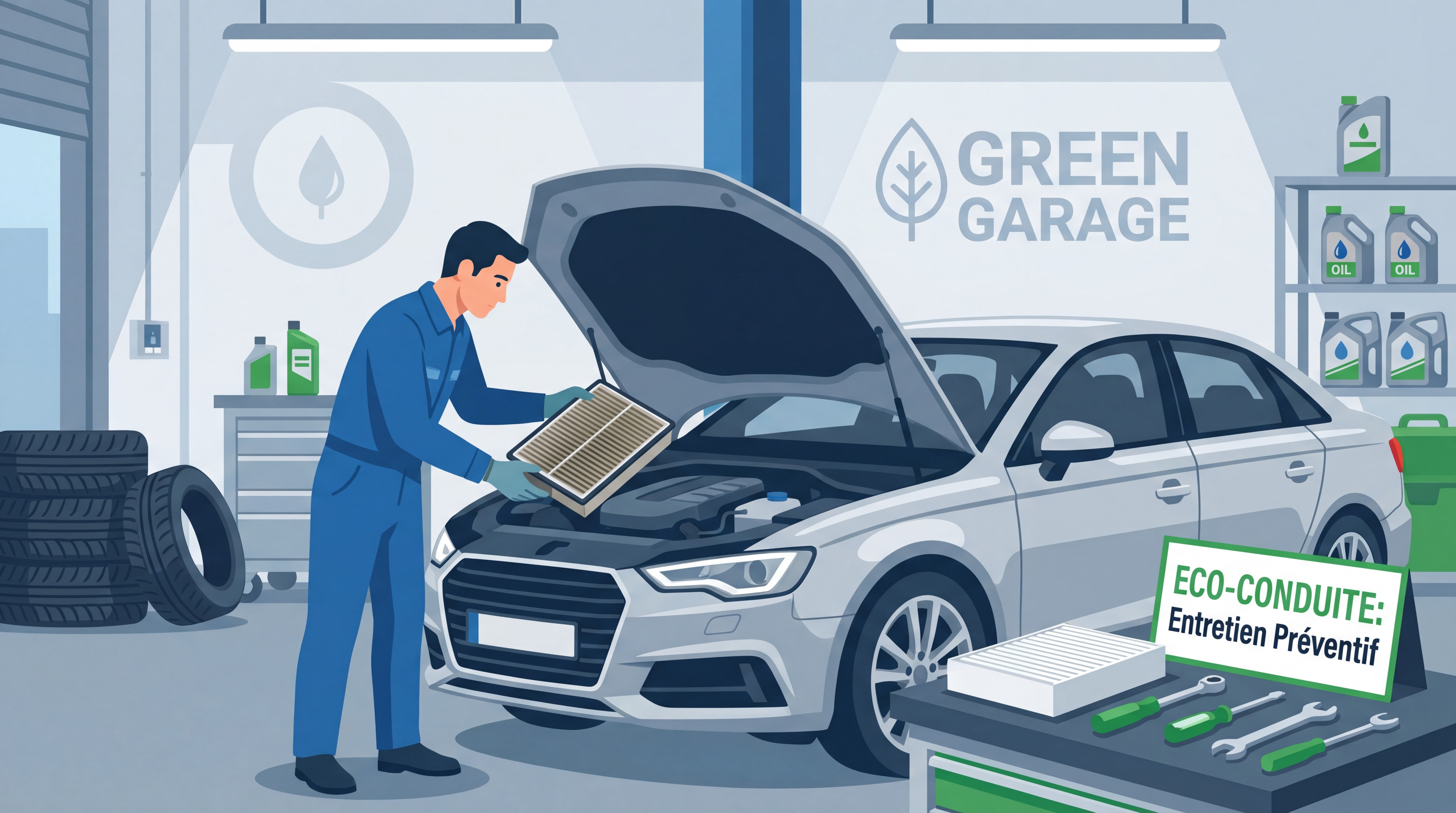 Mécanicien remplaçant un filtre à air moteur dans un garage automobile, entretien préventif éco-conduite