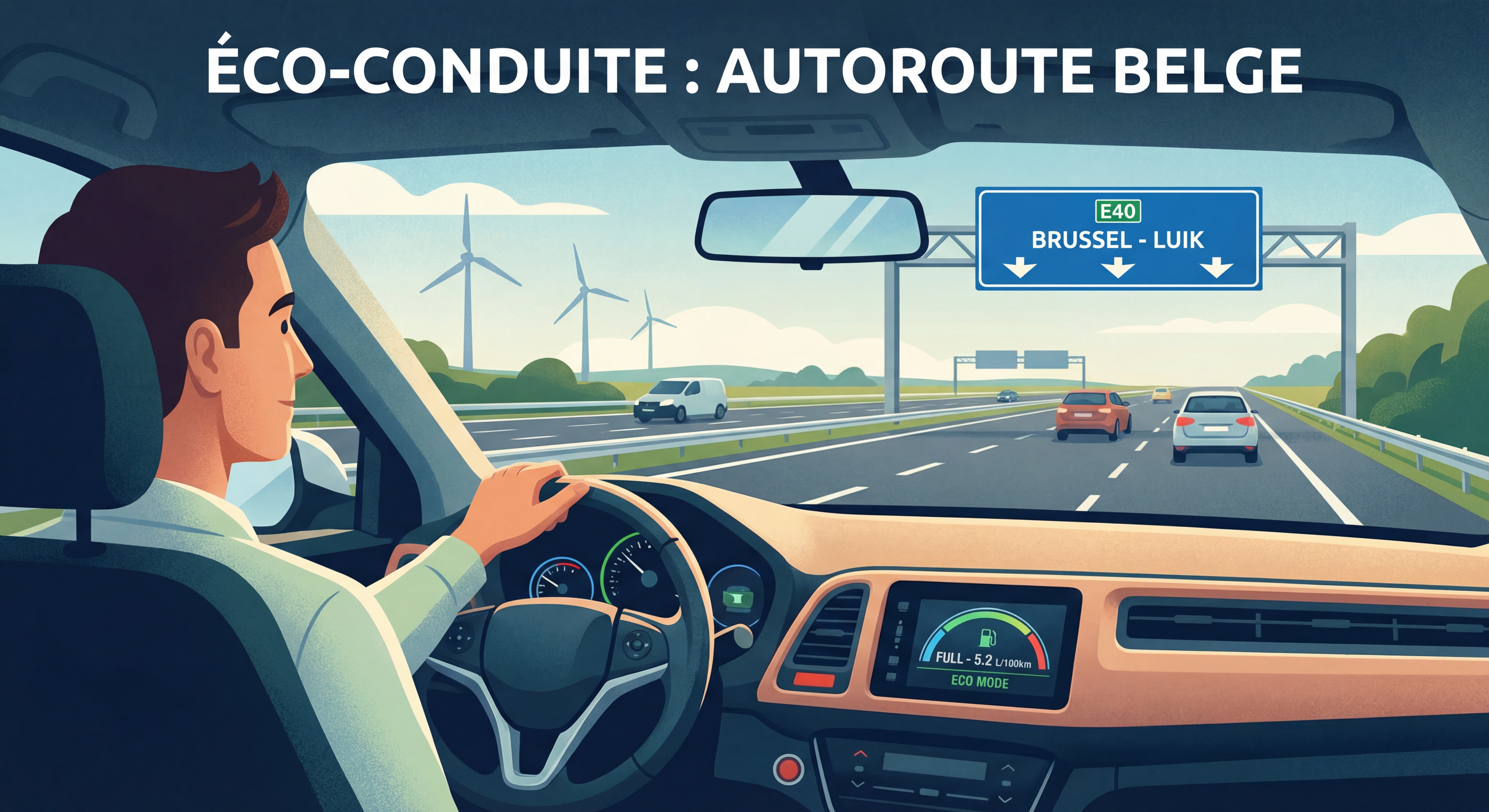 Conducteur adoptant l'éco-conduite sur autoroute belge, jauge de carburant visible au tableau de bord