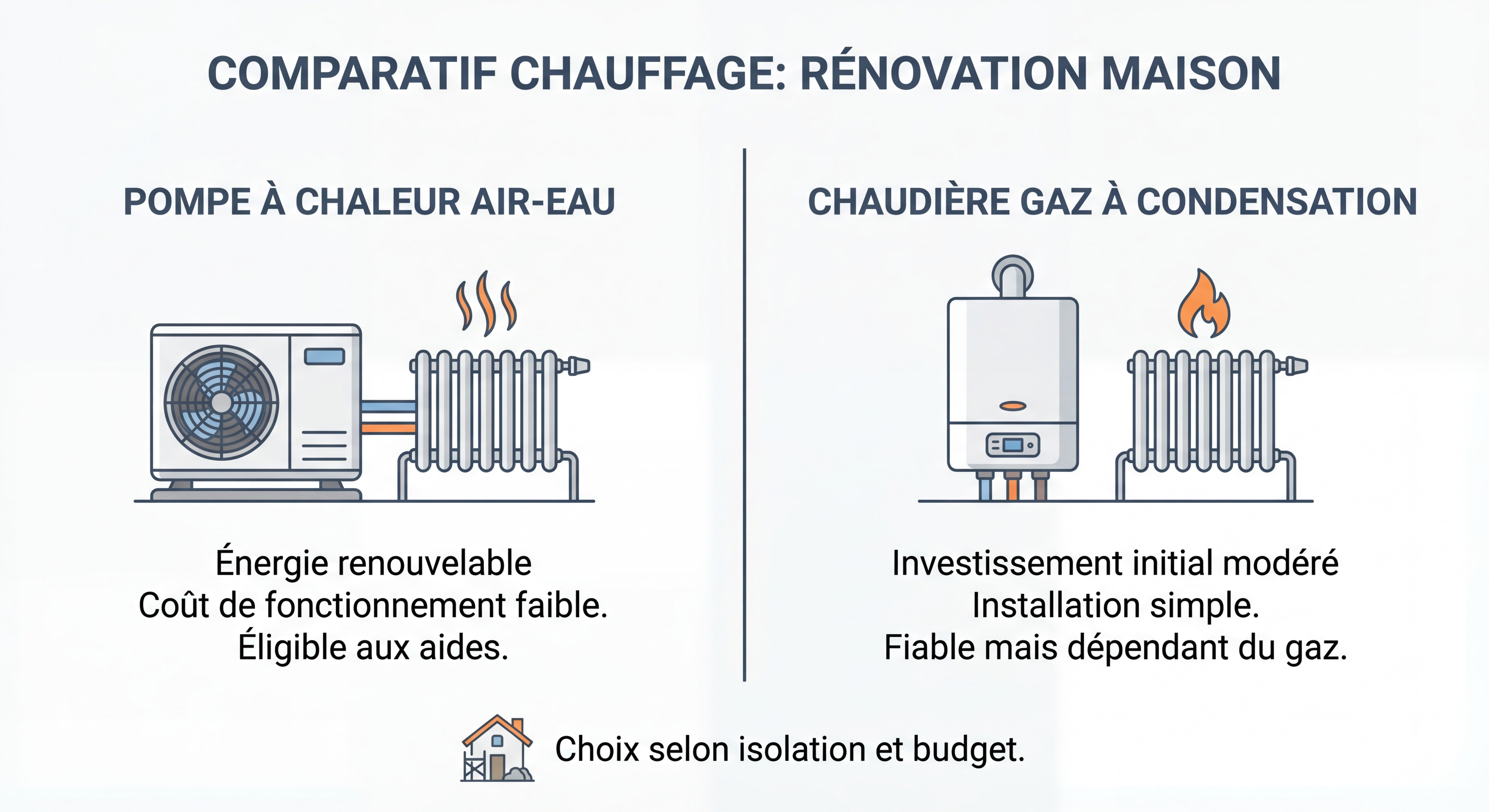 Schéma comparatif pompe à chaleur air-eau vs chaudière gaz à condensation pour rénovation maison