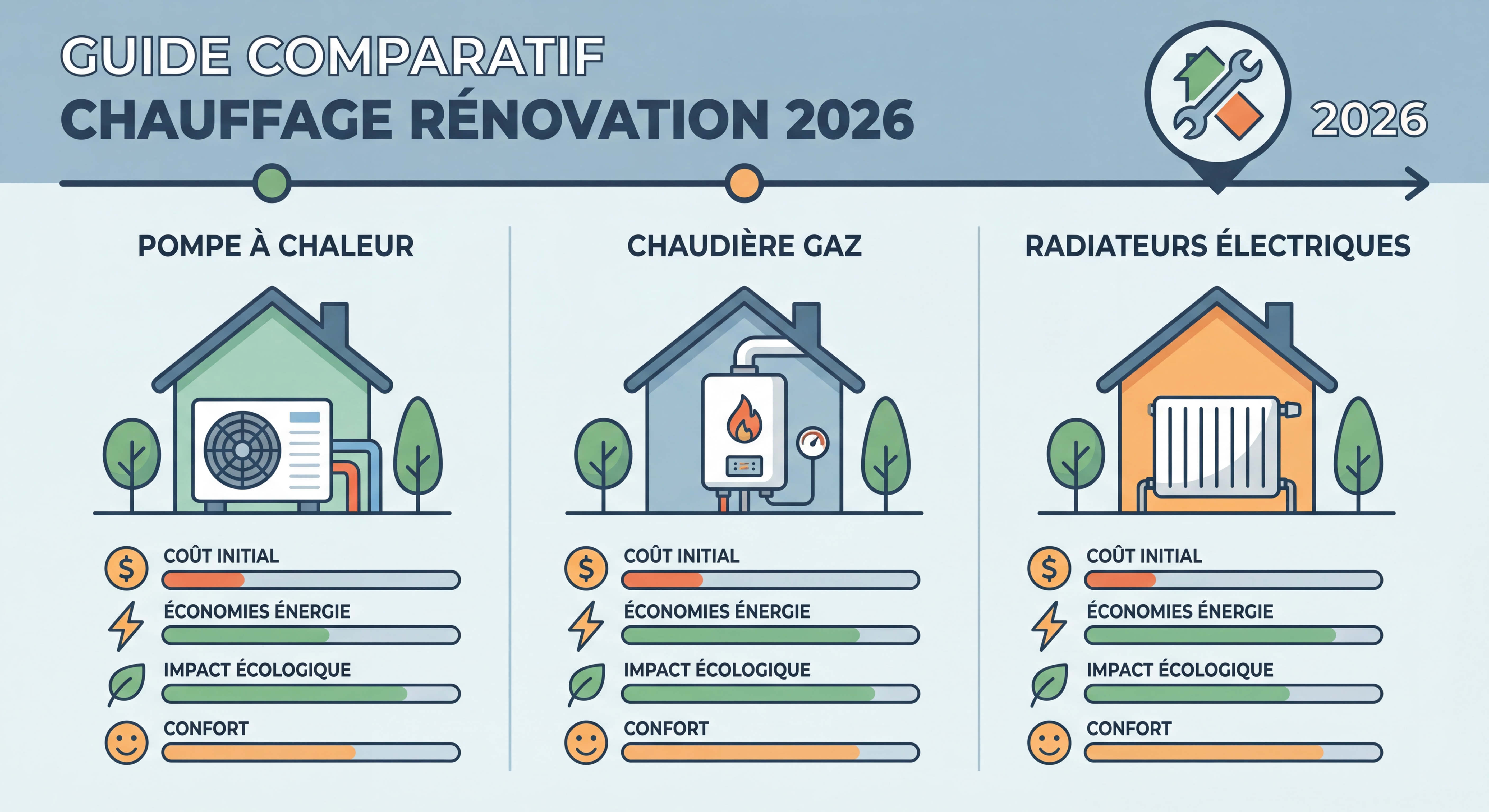 Guide comparatif des systèmes de chauffage pour rénovation maison en 2026 - pompe à chaleur, chaudière gaz, radiateurs électriques