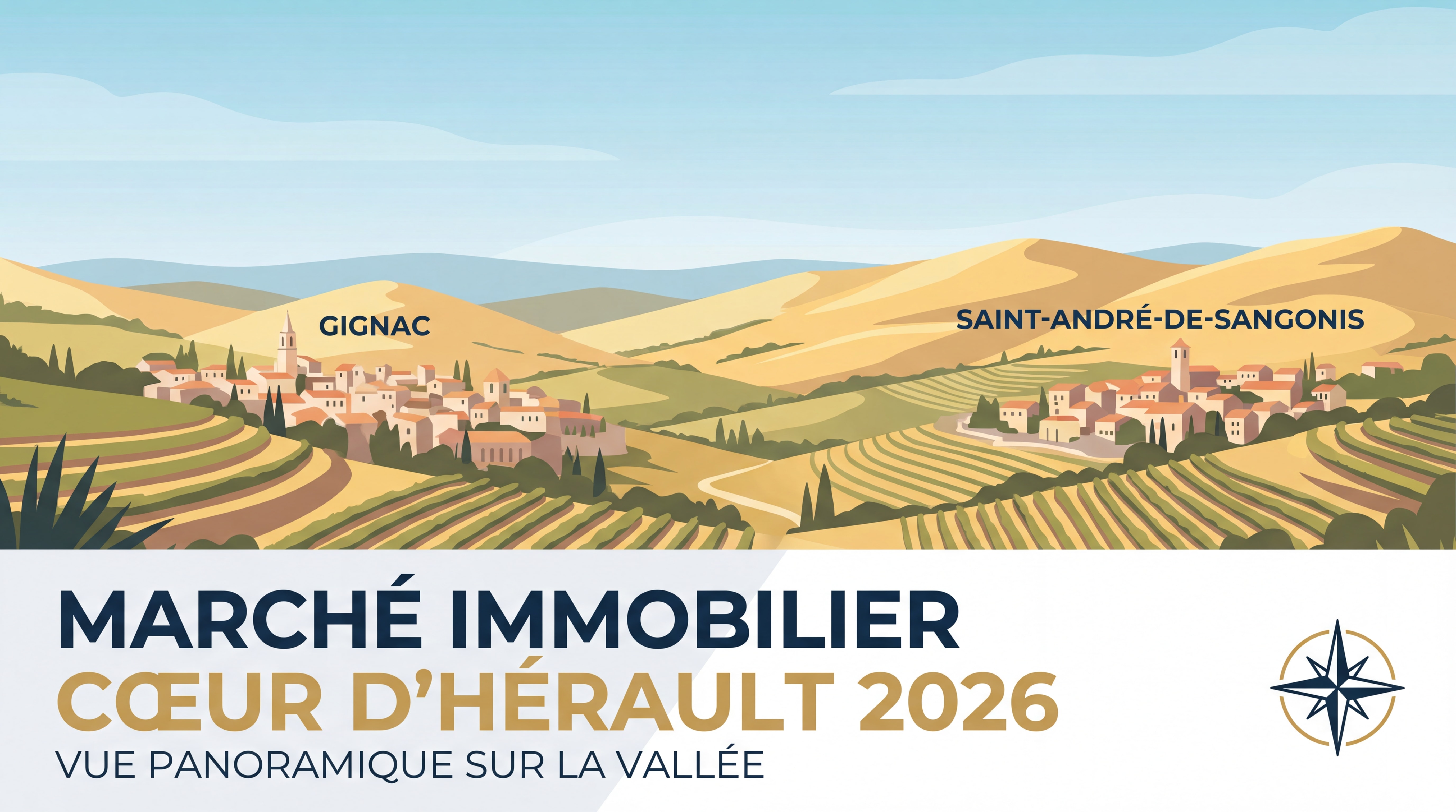Vue panoramique sur la vallée de l'Hérault avec Gignac, Saint-André-de-Sangonis et les collines environnantes — marché immobilier Cœur d'Hérault 2026
