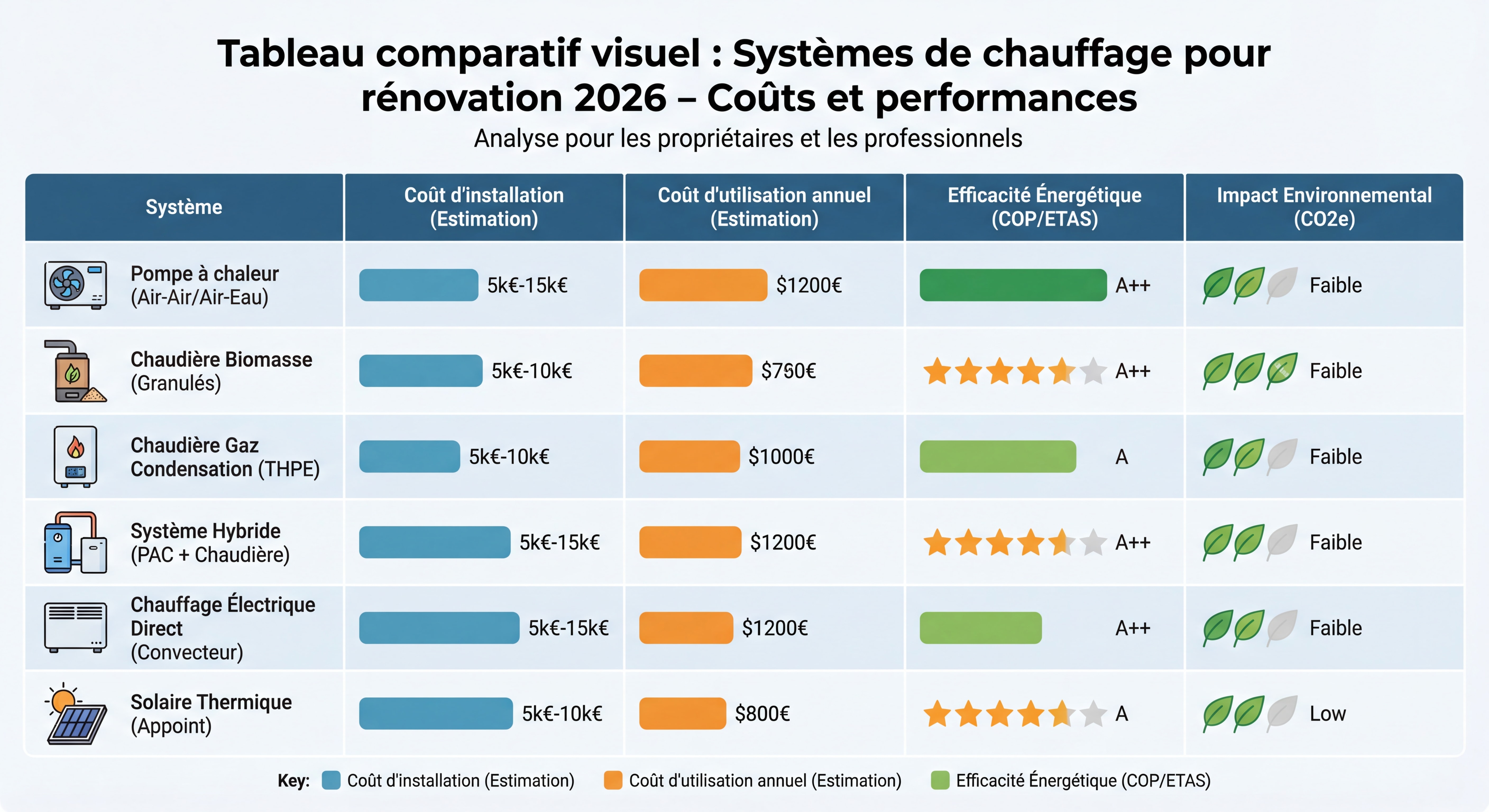 Tableau comparatif visuel des systèmes de chauffage pour rénovation 2026 - coûts et performances