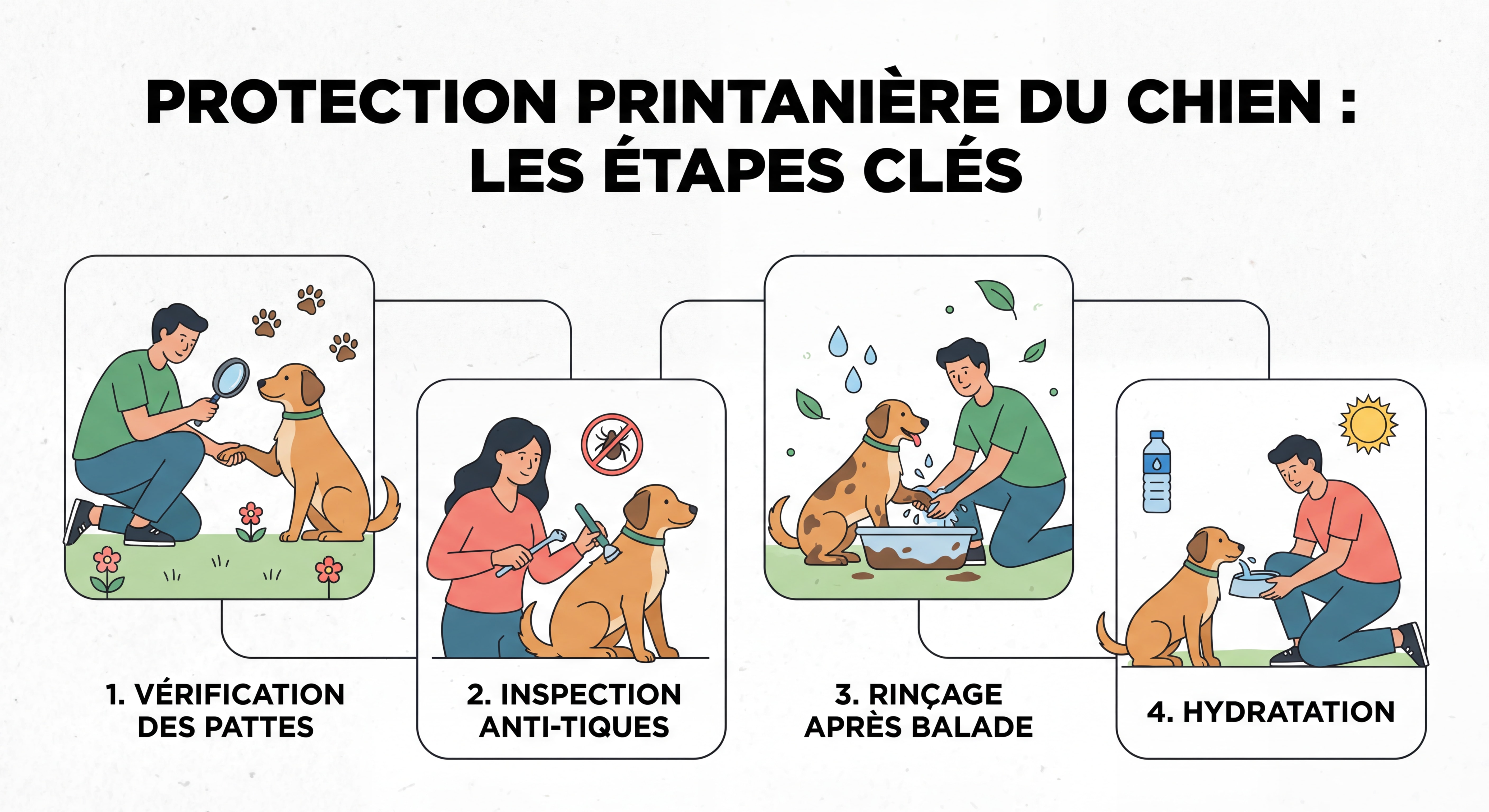 Infographie étape par étape illustrant les gestes de protection au printemps — vérification des pattes, inspection anti-tiques, rinçage après balade, hydratation du chien