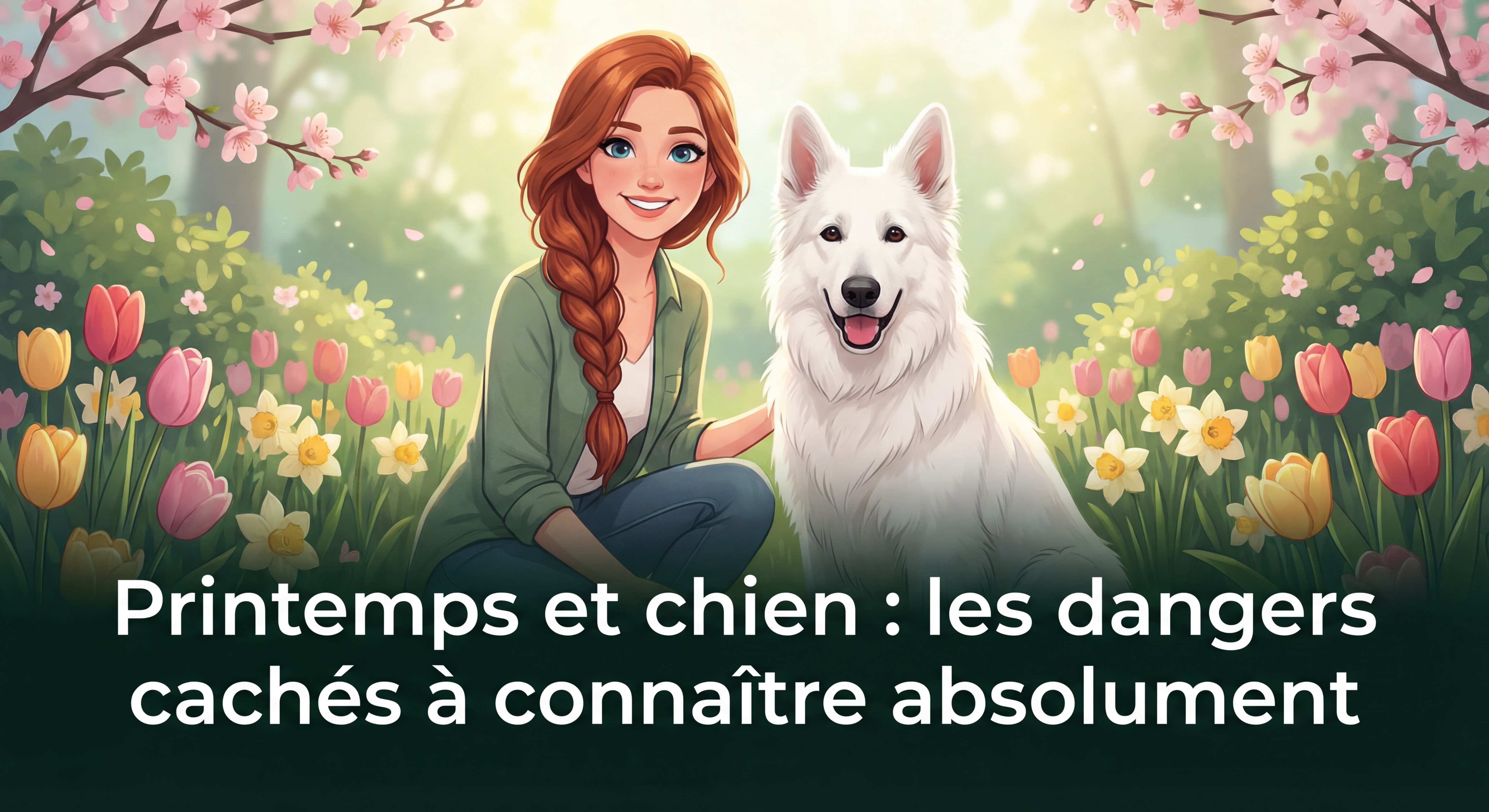 Femme rousse aux cheveux longs avec une tresse et des yeux bleus accompagnée d'un Berger Blanc Suisse dans un jardin fleuri printanier — titre de l'article affiché en grand en bas de l'image : "Printemps et chien : les dangers cachés à connaître absolument"