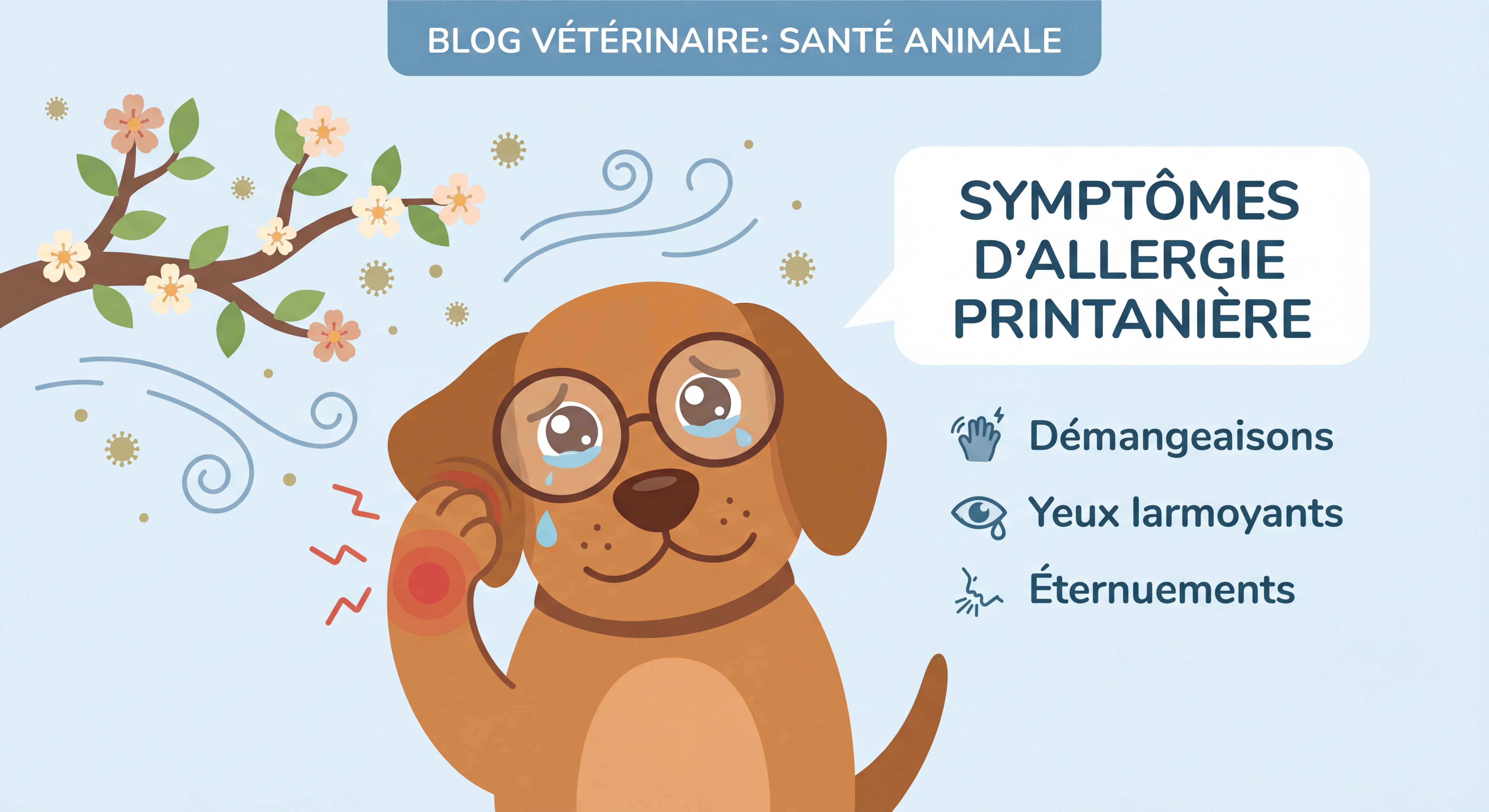 Illustration d'un chien qui se gratte avec les yeux qui coulent, représentation pédagogique des symptômes d'allergie printanière chez le chien