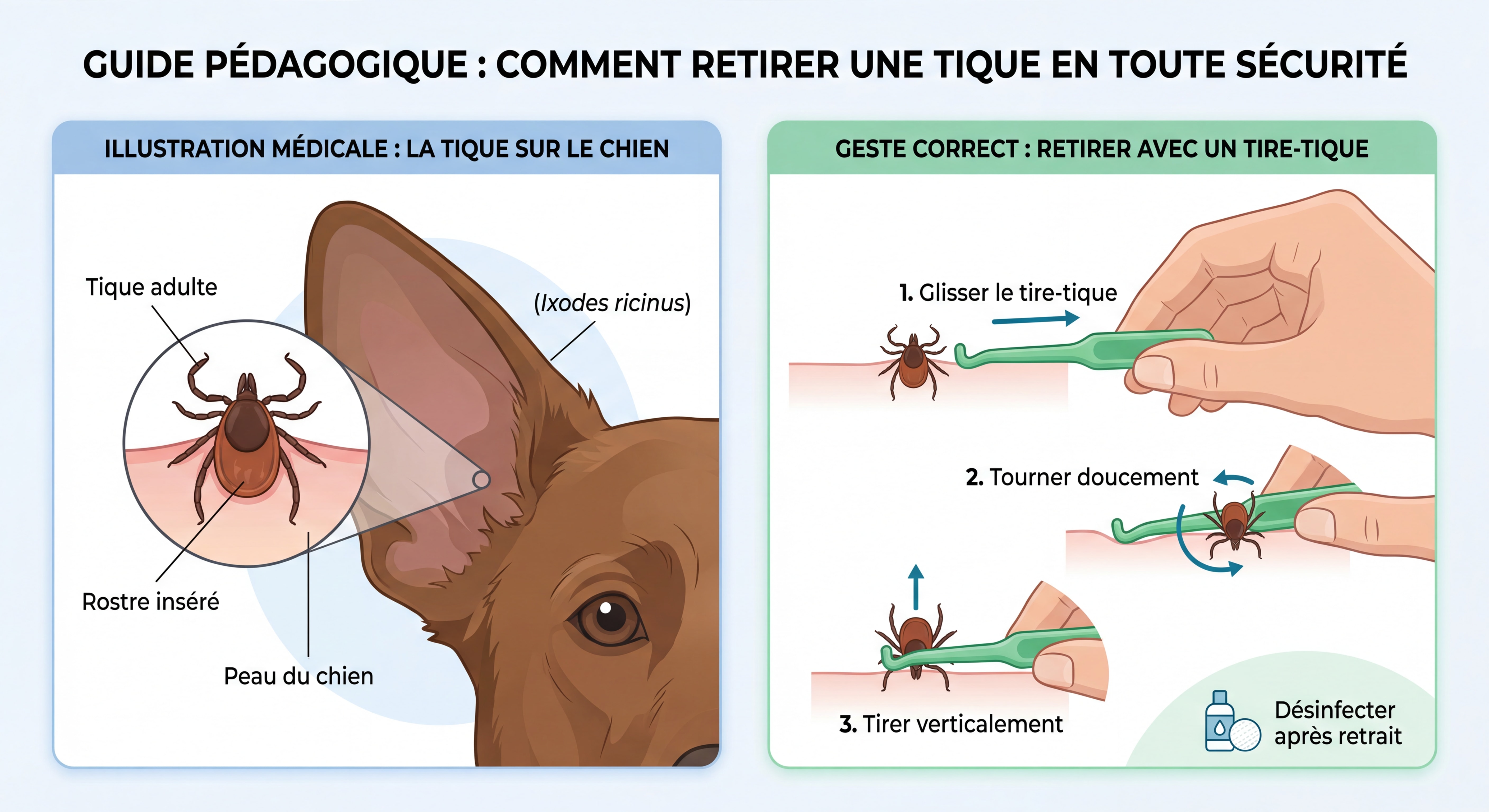 Illustration médicale et pédagogique d'une tique sur un chien et des gestes pour retirer une tique correctement avec un tire-tique
