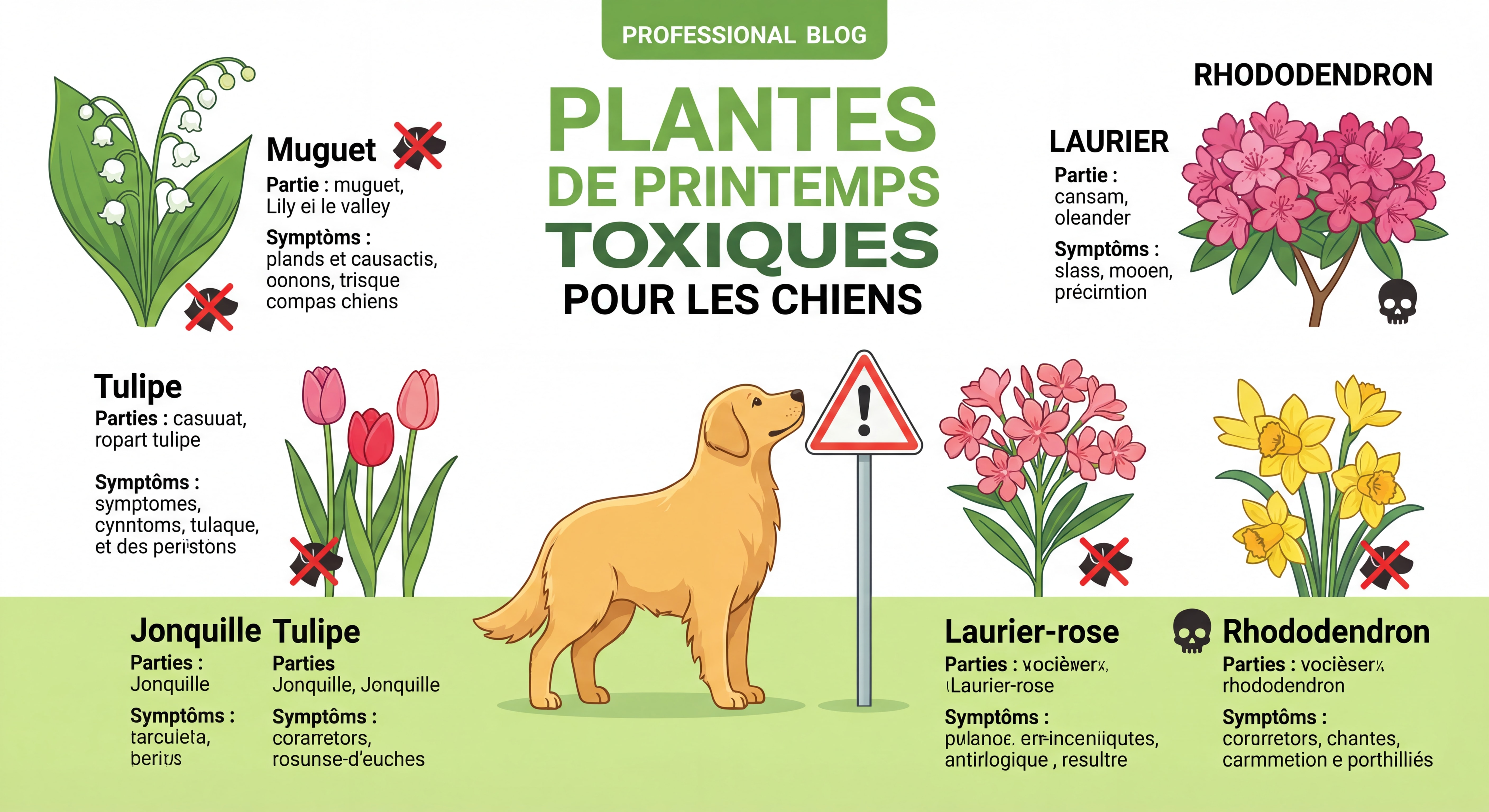 Illustration infographie colorée des plantes toxiques pour les chiens au printemps — muguet, tulipe, jonquille, laurier-rose, rhododendron avec leurs noms et pictogrammes de danger