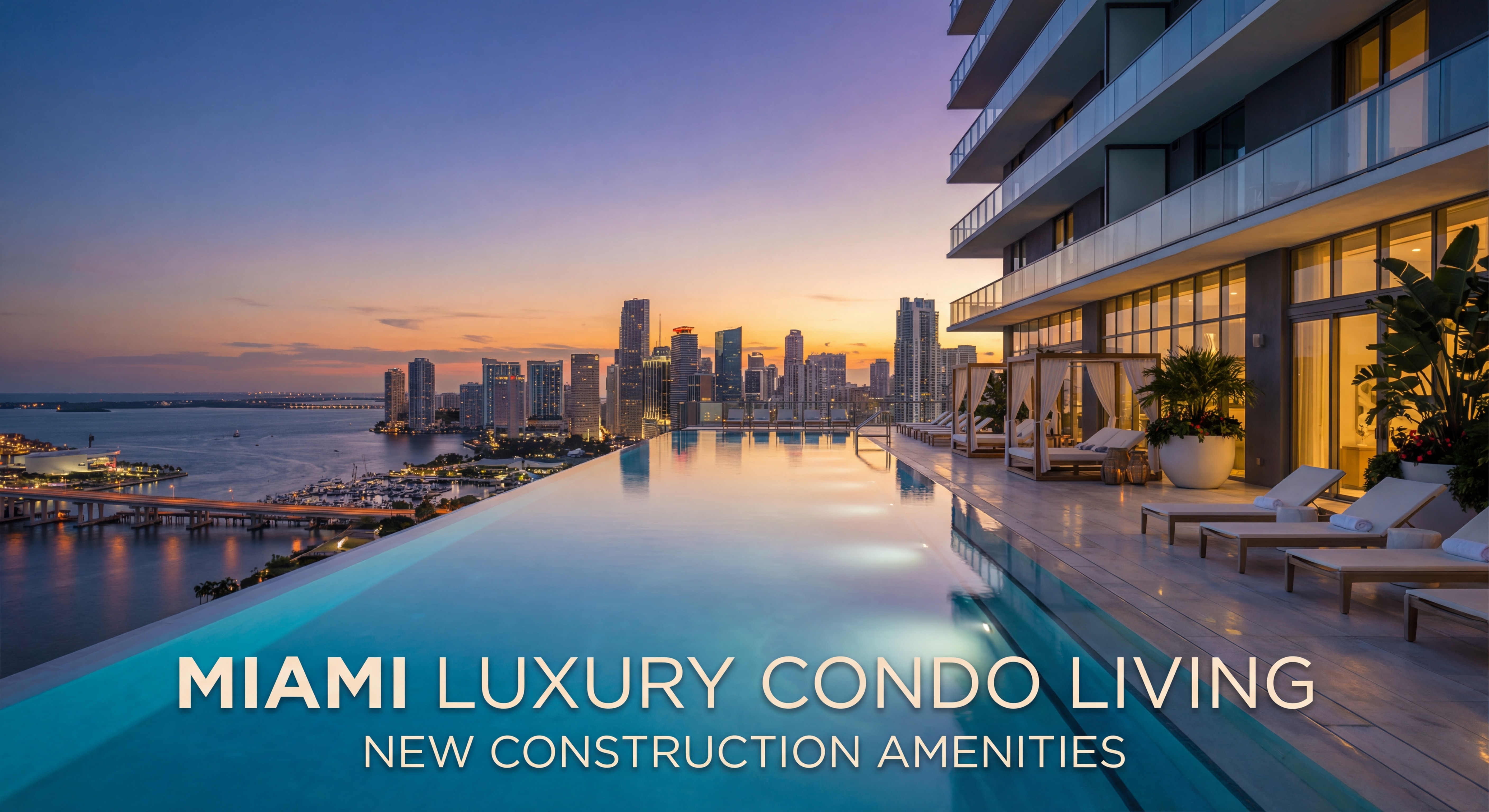 Rooftop infinity pool of a Miami luxury high-rise condo with panoramic views of the Miami skyline and Biscayne Bay at dusk, luxury amenities new construction condos Miami