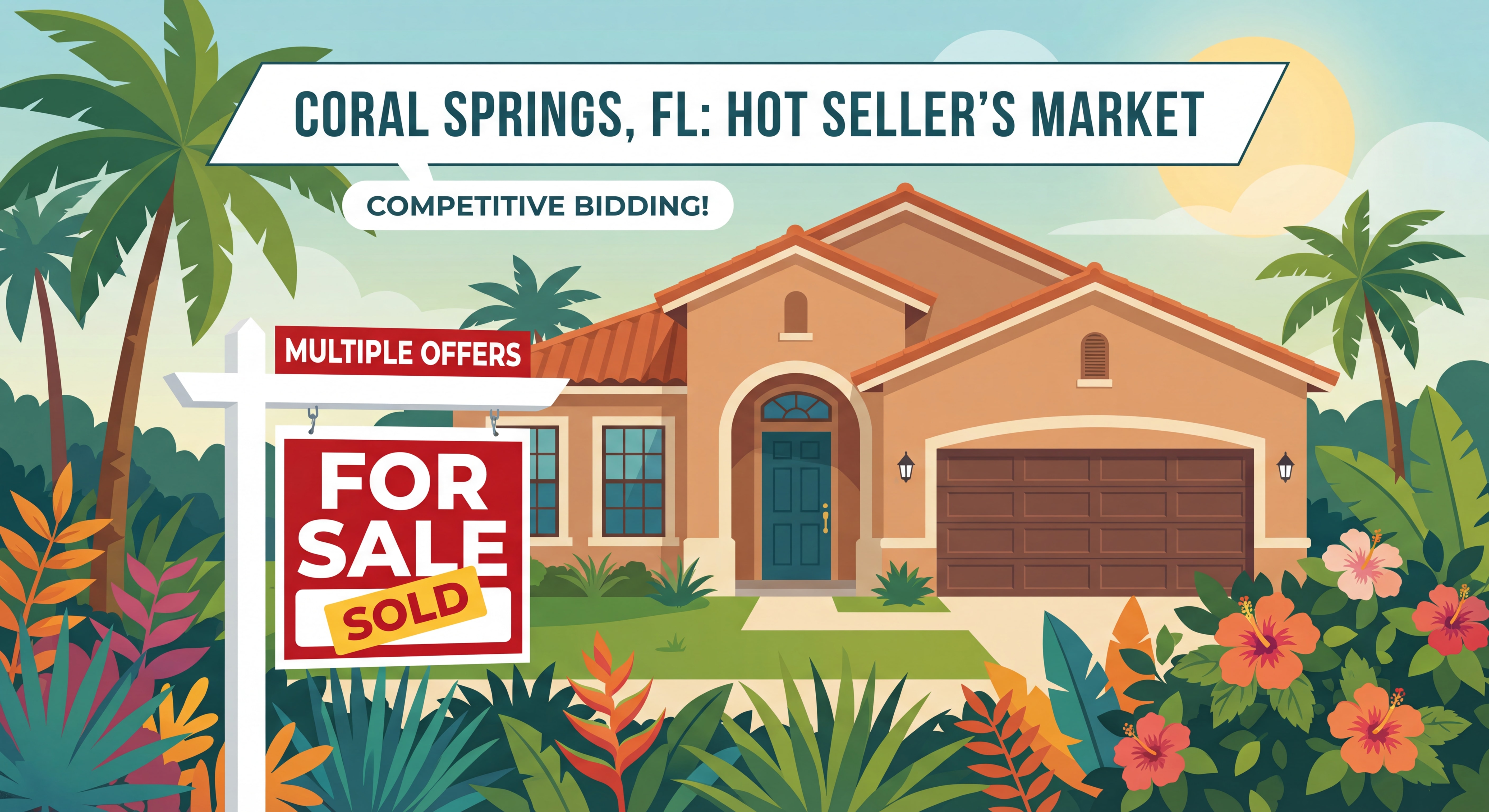 Attractive single-family home in Coral Springs, Broward County, Florida, with lush tropical landscaping and a for-sale sign — representing a competitive seller's market