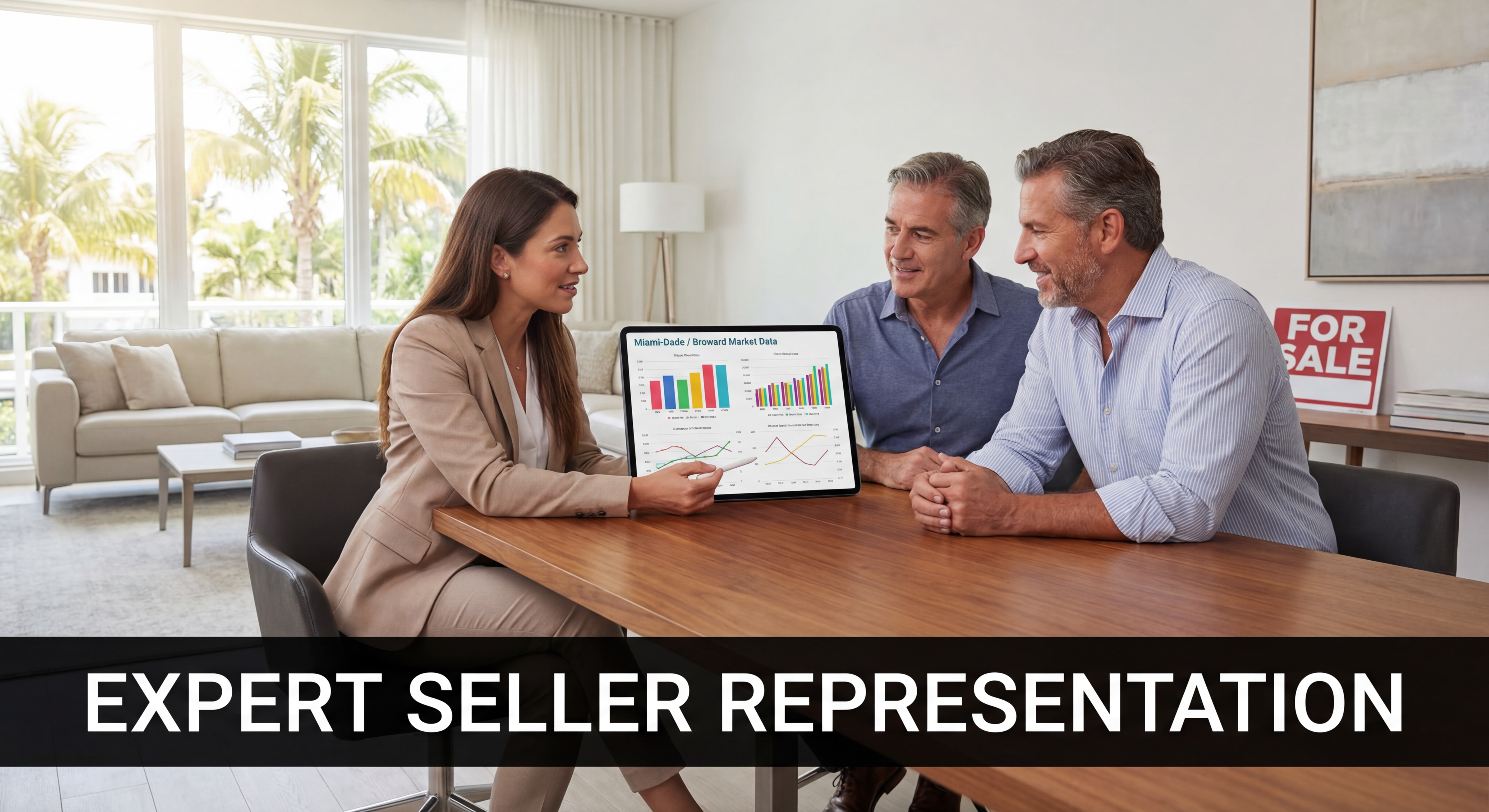 Professional real estate consultation between a South Florida realtor and homeowners reviewing market data on a tablet, representing expert seller representation in Miami-Dade and Broward County