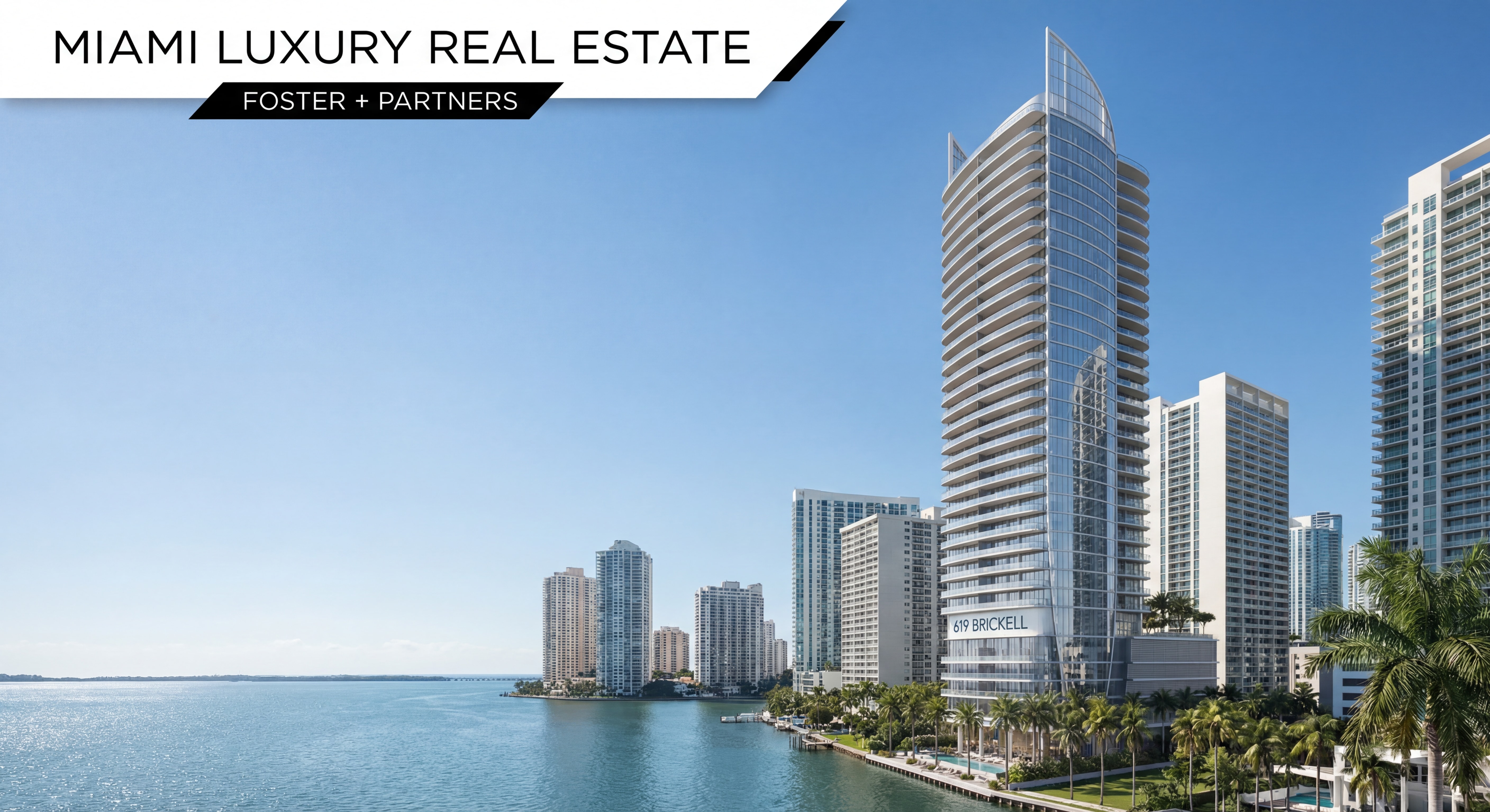 Architectural rendering of 619 Brickell luxury condo tower by Foster and Partners rising above Biscayne Bay, Brickell luxury condos new construction Miami