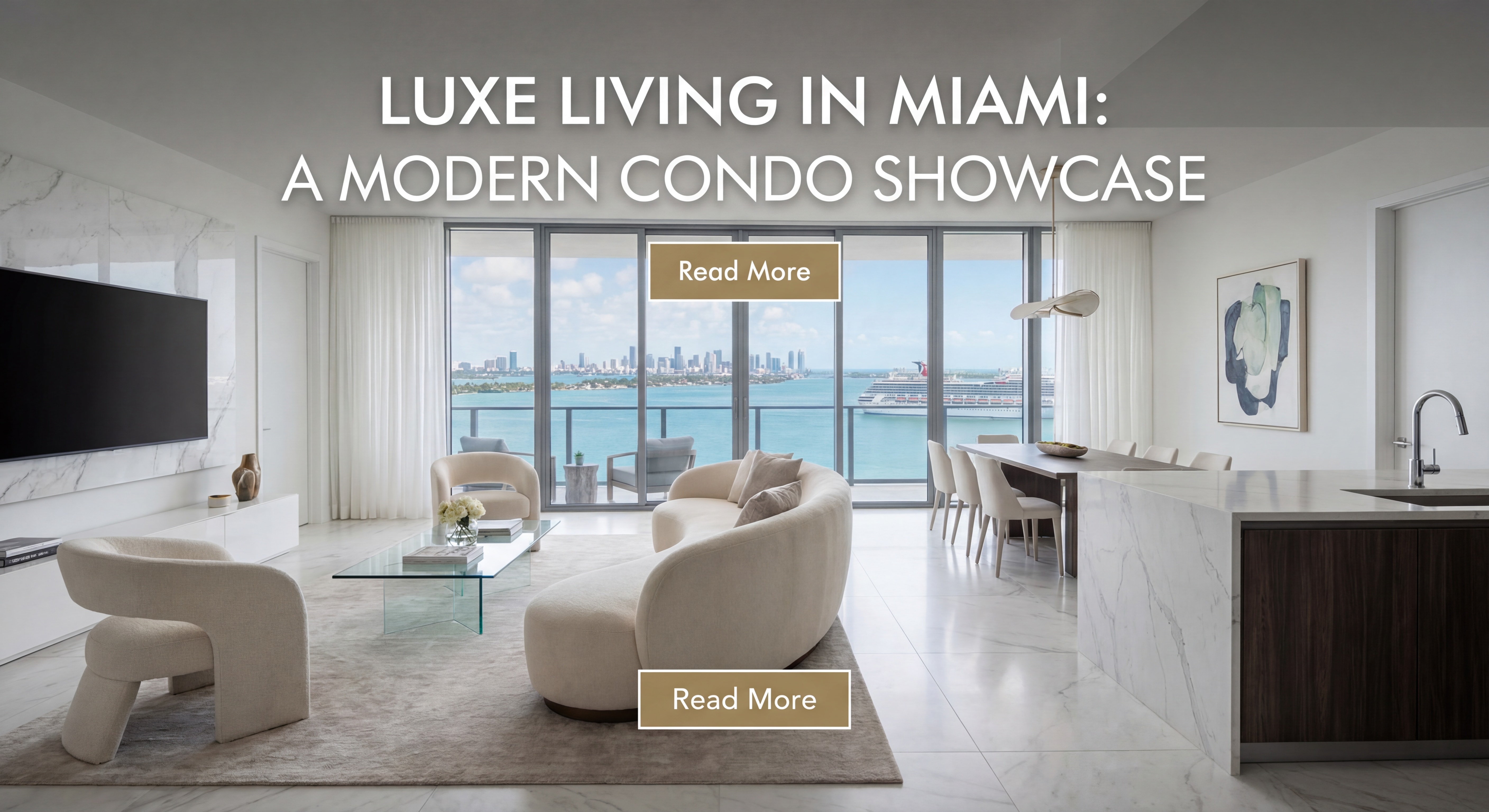 Modern open-concept luxury condo interior in Miami with floor-to-ceiling windows overlooking Biscayne Bay, white marble finishes and designer furnishings