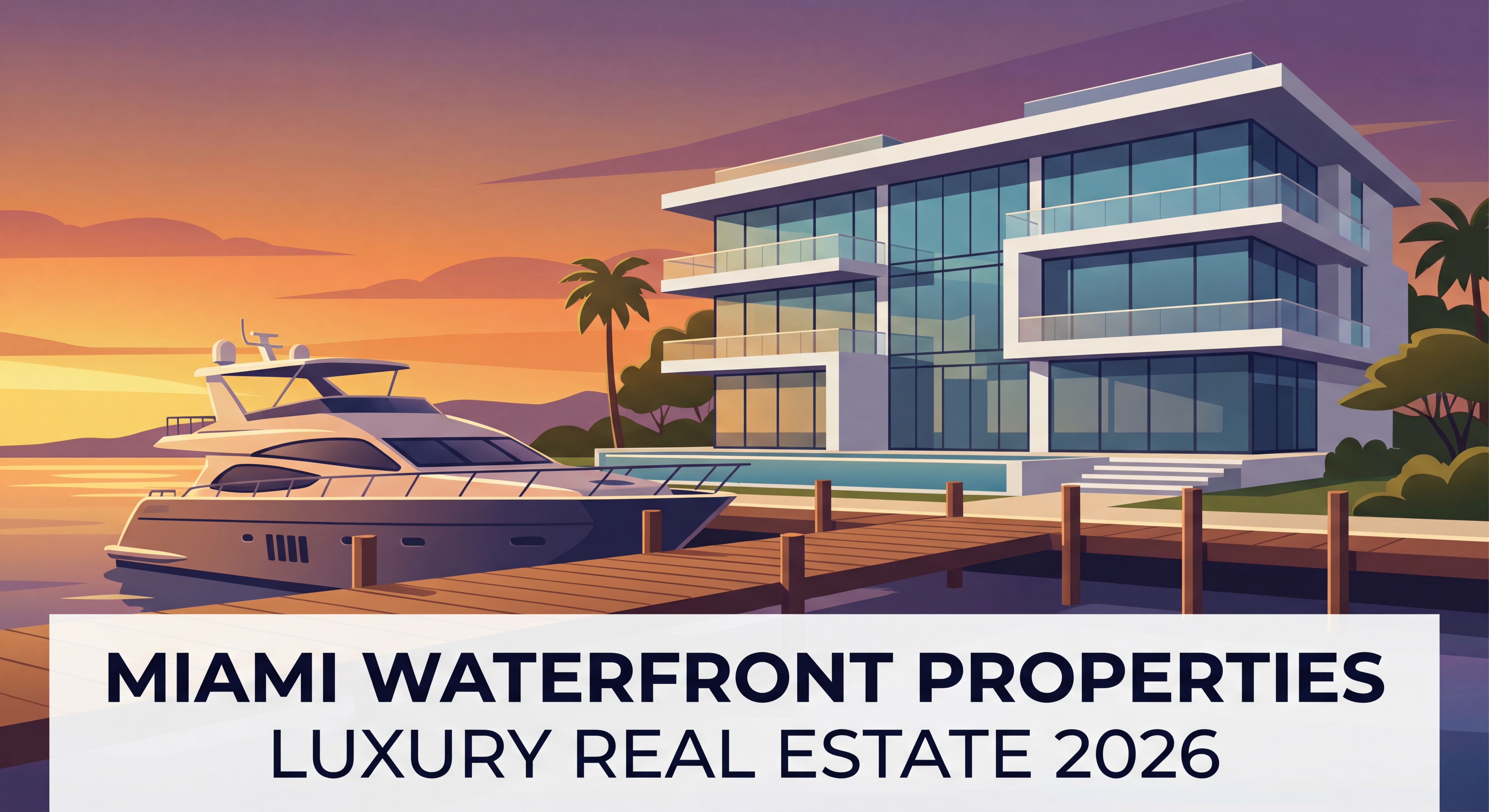 Luxury Miami waterfront mansion on Biscayne Bay with private dock and yacht at golden hour, Miami waterfront properties luxury real estate 2026