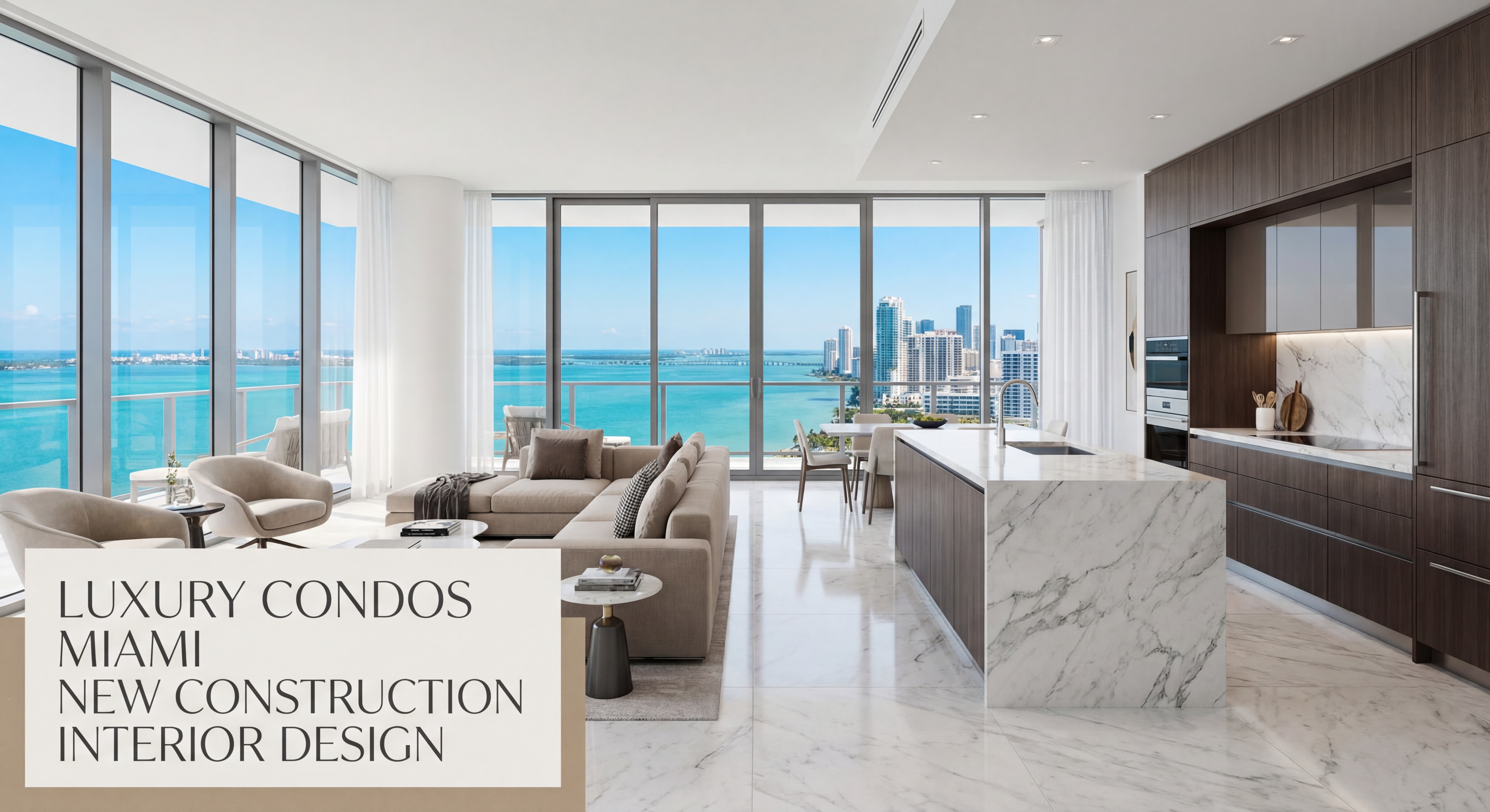 Stunning interior of a Miami luxury new construction condo with floor-to-ceiling windows, Italian marble finishes, and panoramic Biscayne Bay views, luxury condos Miami new construction interior design
