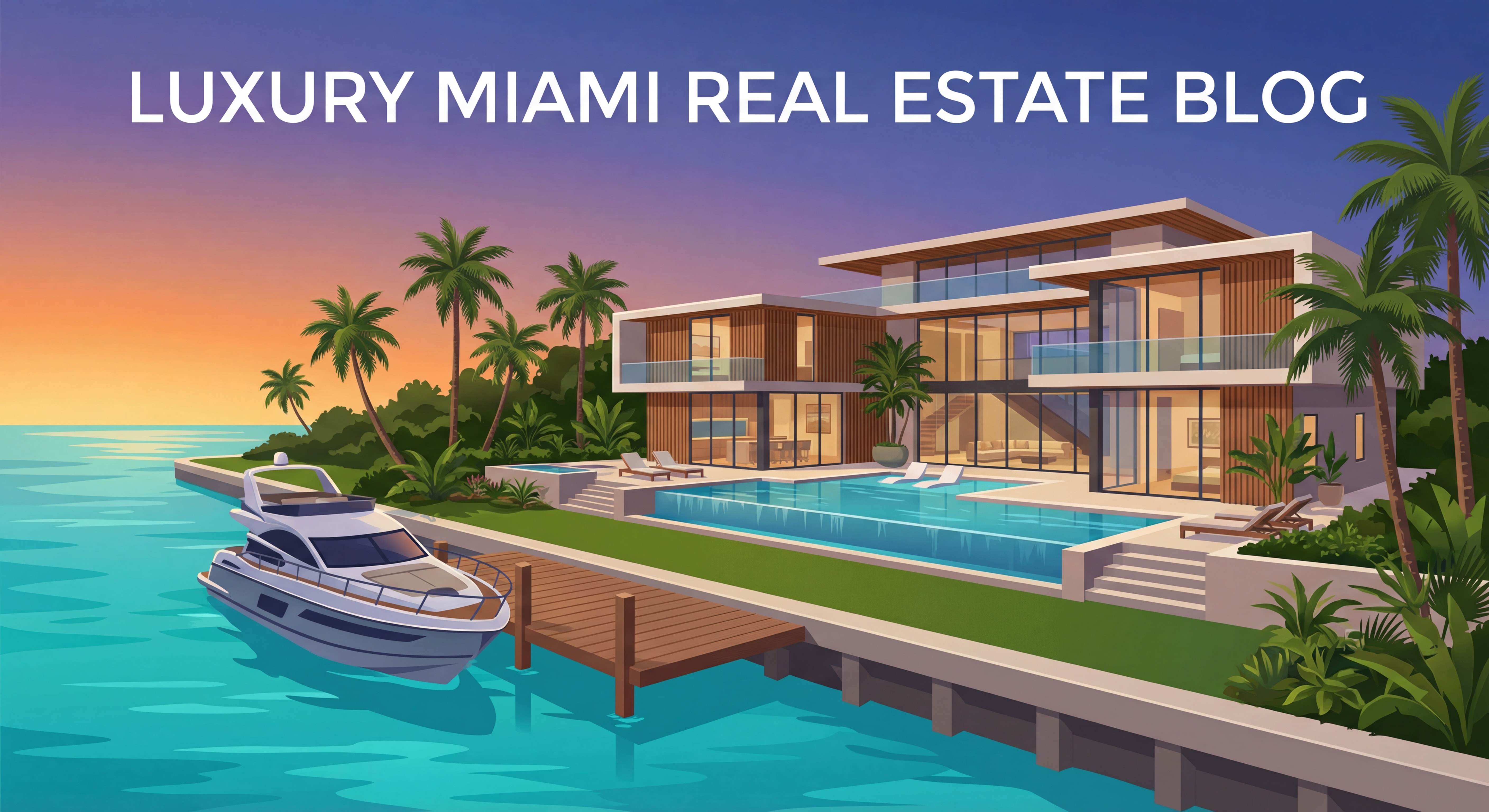Luxury Miami Beach waterfront estate with private dock, palm trees, and turquoise Biscayne Bay views at dusk