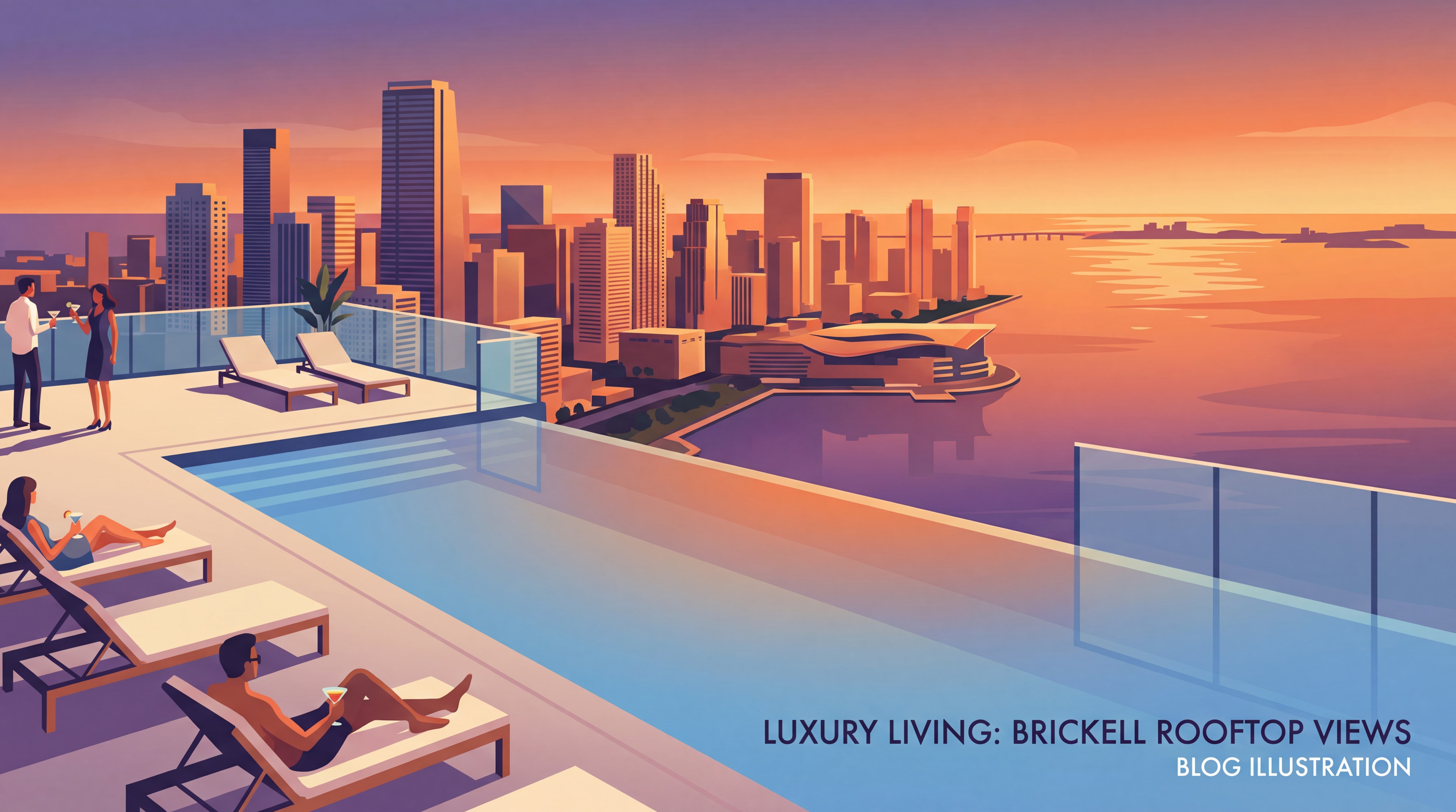 Rooftop infinity pool at a luxury Brickell condo tower with panoramic views of the Miami skyline and Biscayne Bay at sunset