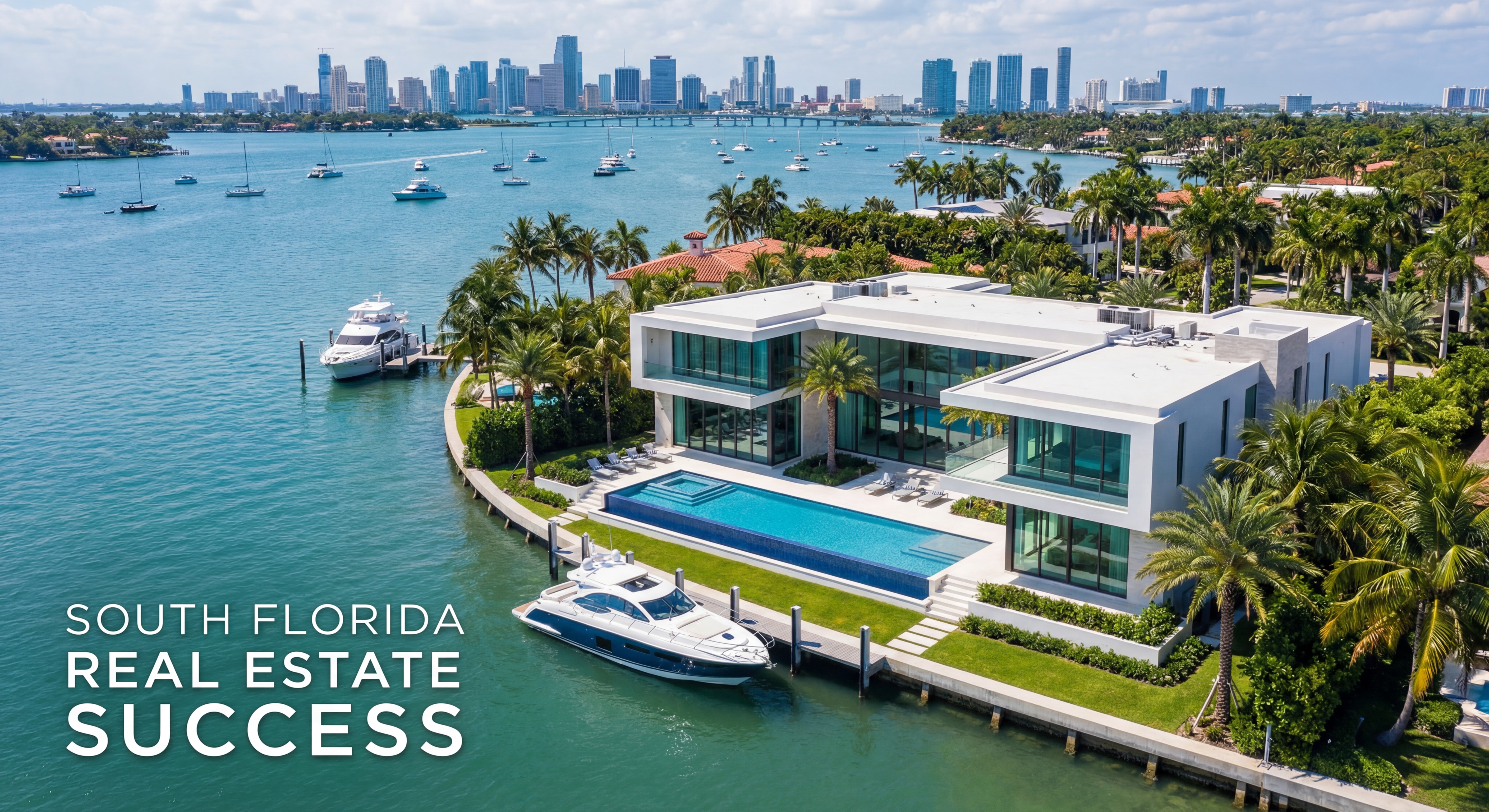 Aerial view of a luxury waterfront home in Miami-Dade County with Biscayne Bay in the background, representing South Florida real estate success