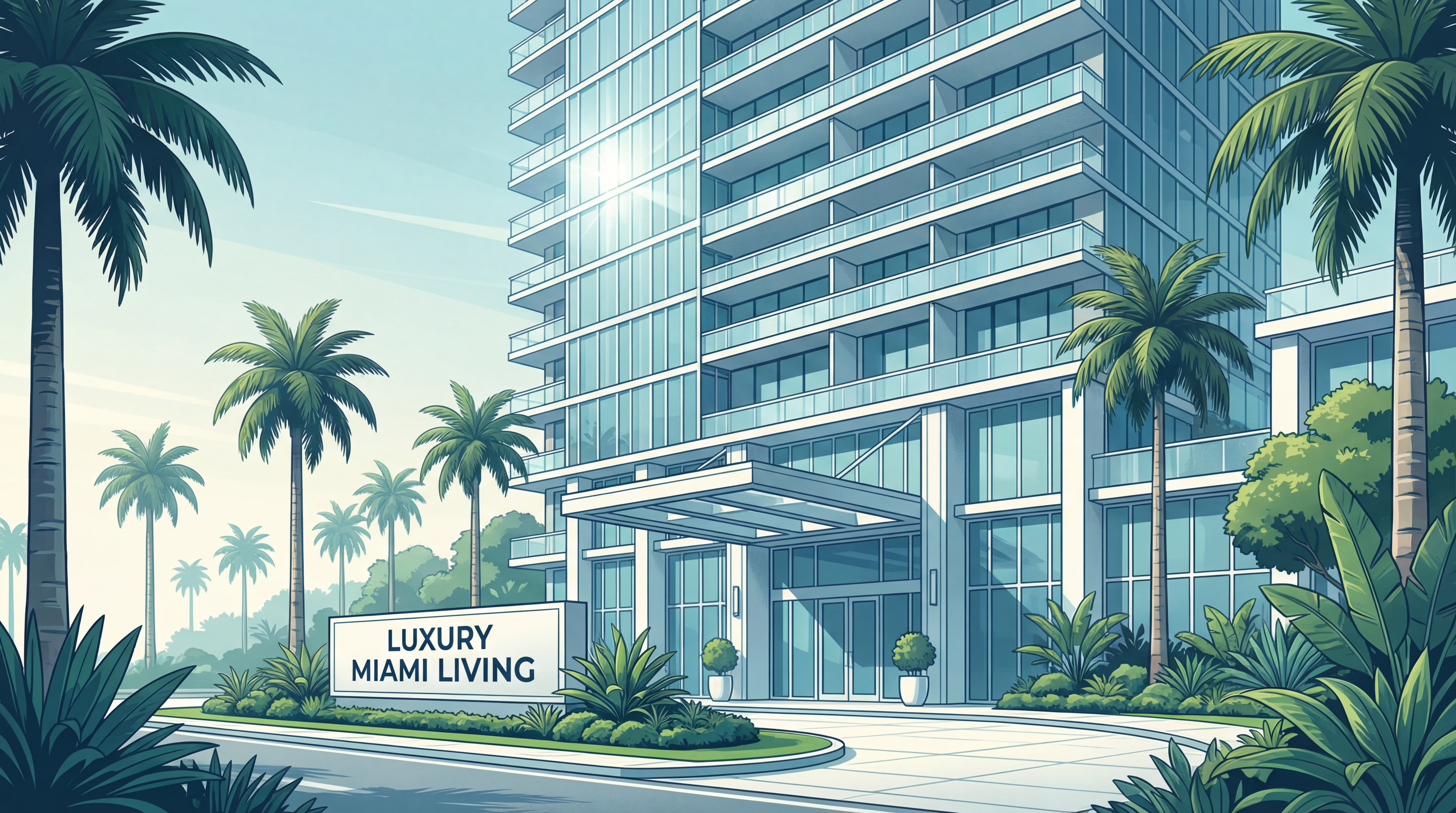 Luxury new construction Miami condo building exterior with architectural glass facade and tropical landscaping at the entrance