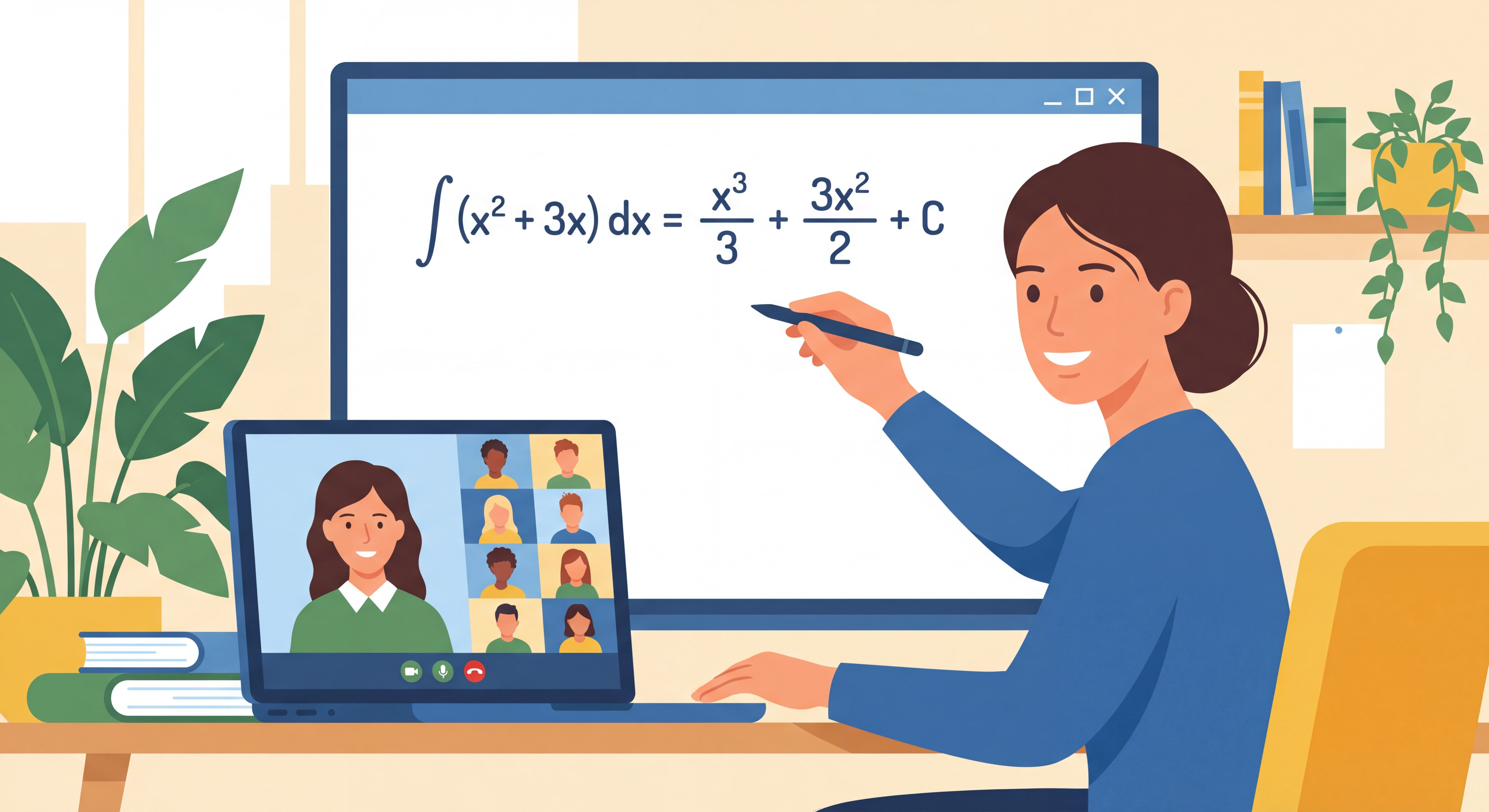 Online teacher using a digital whiteboard to explain a mathematics equation during a live video lesson