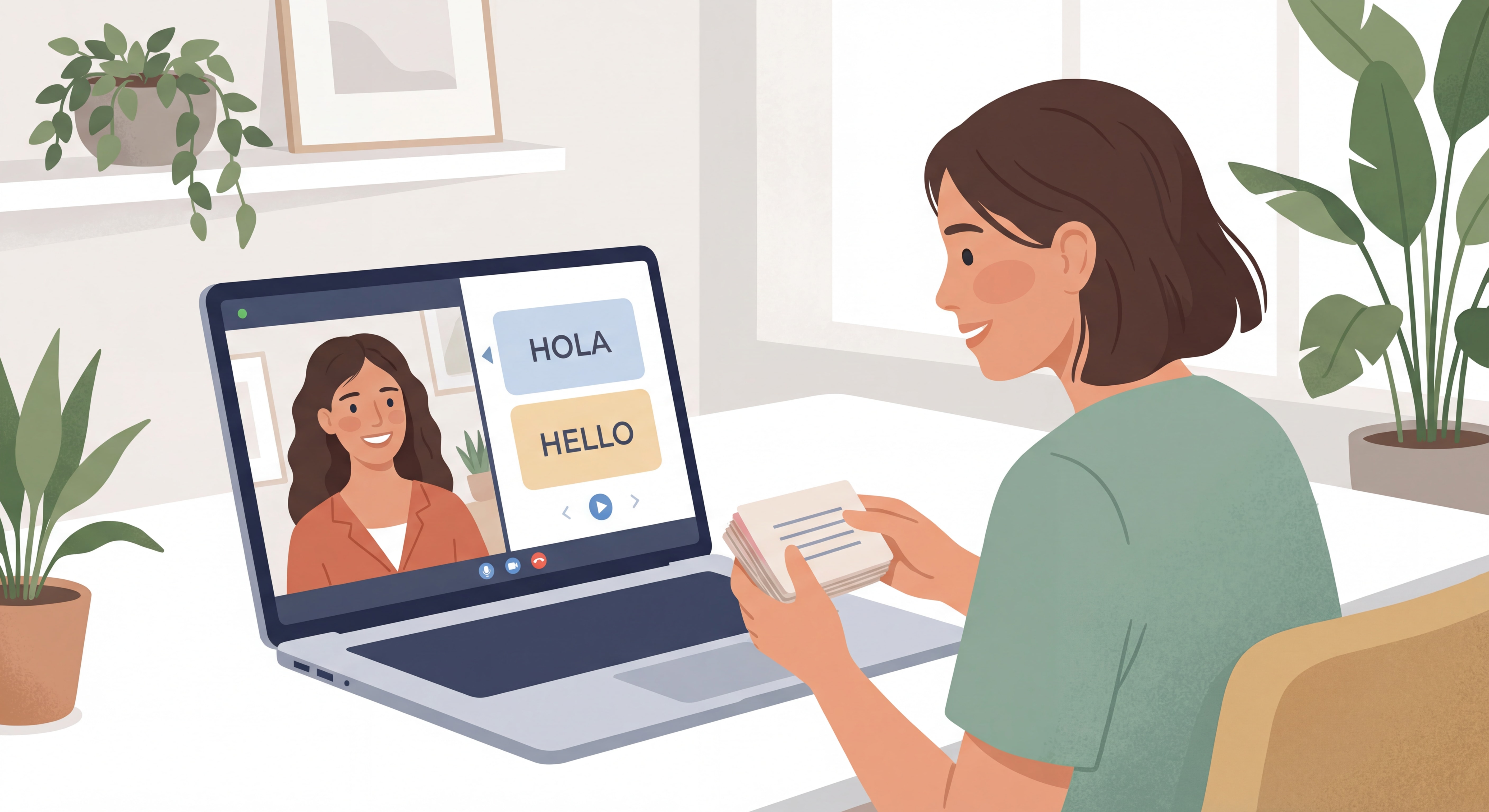Student learning a language online with flashcards and a video call interface on a laptop screen