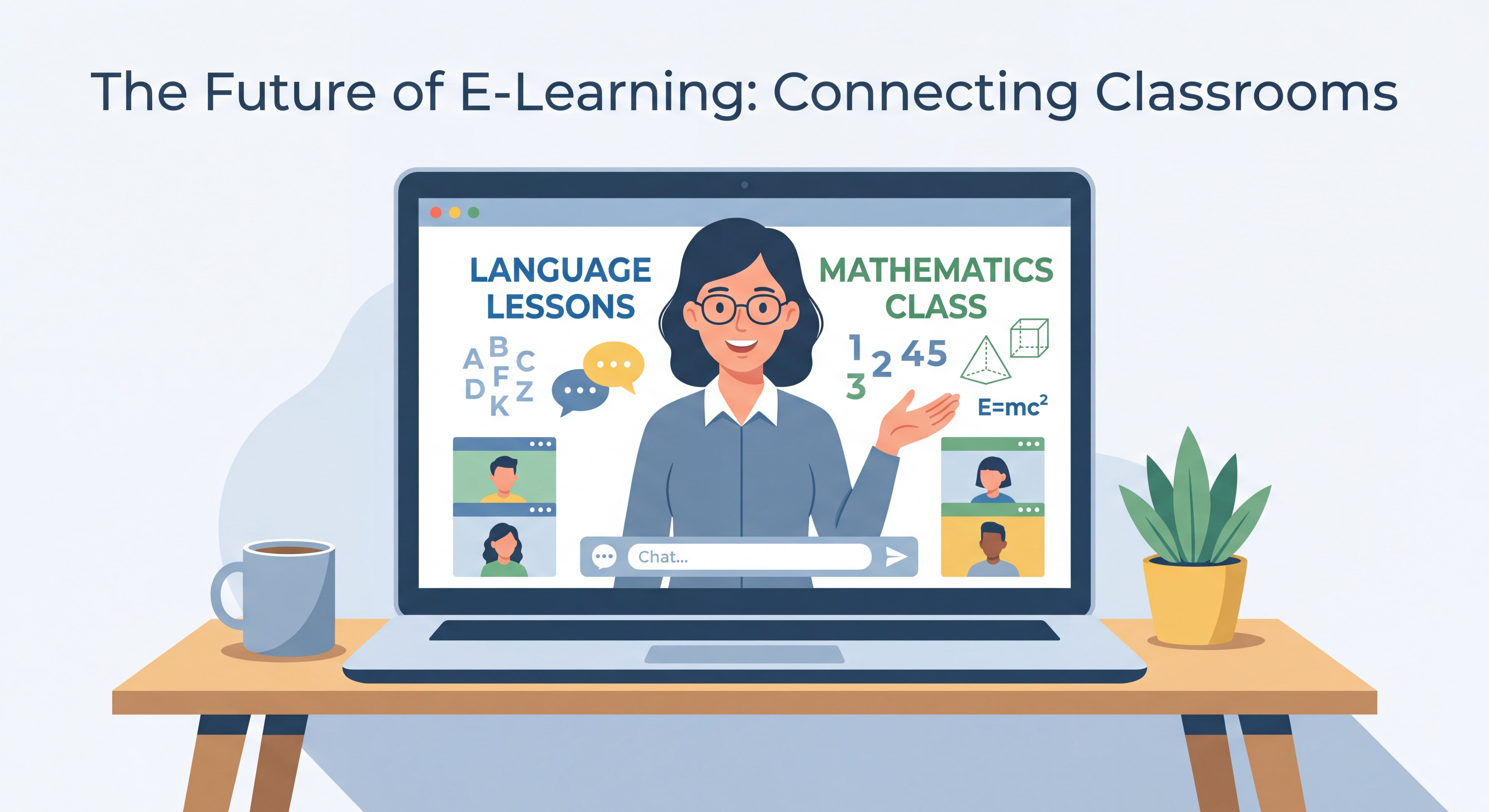 Teacher conducting an online class on a laptop screen showing language and mathematics lessons, modern e-learning interface