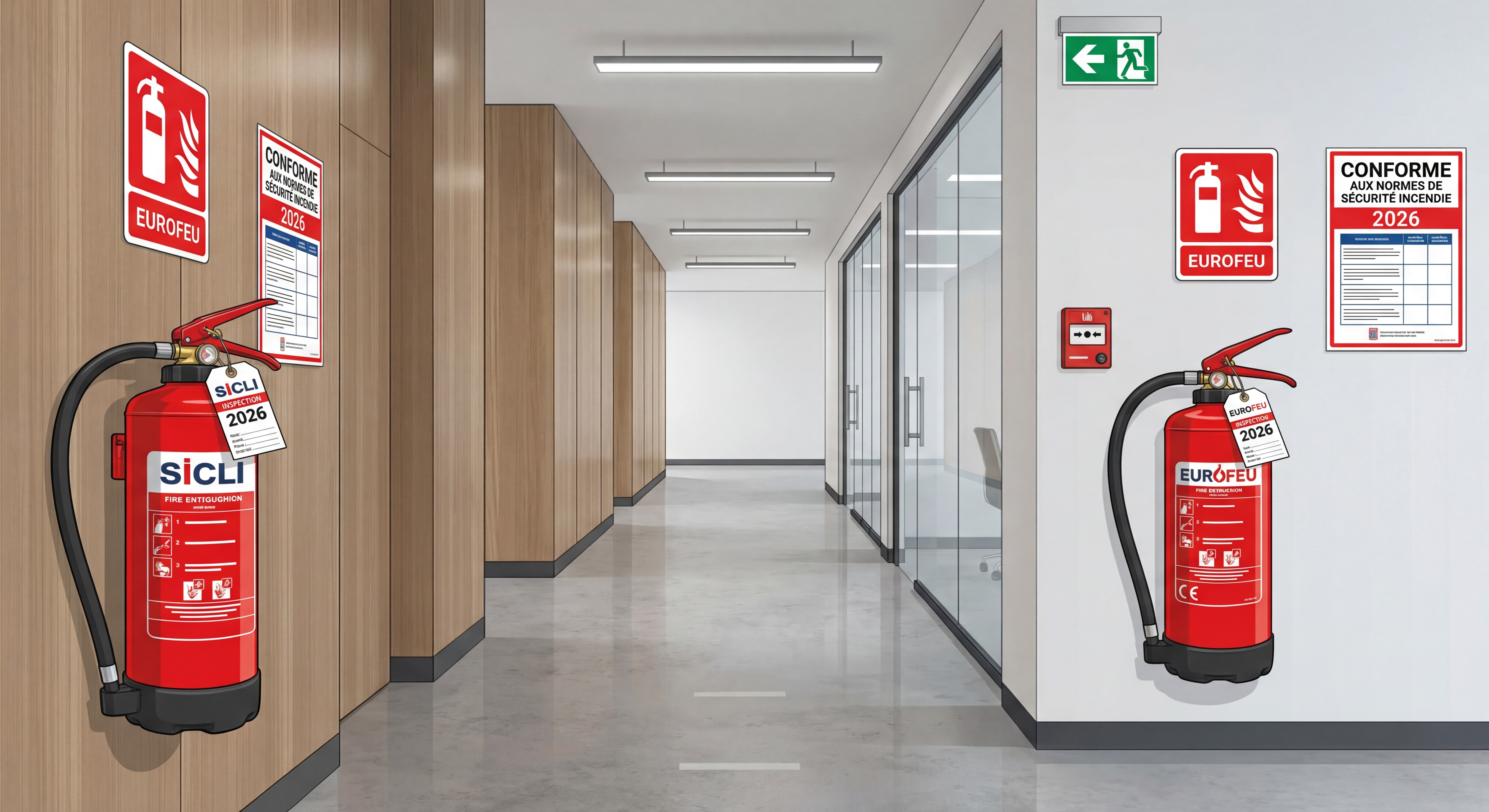Extincteur Sicli et Eurofeu installés dans un couloir d'entreprise conforme aux normes de sécurité incendie 2026