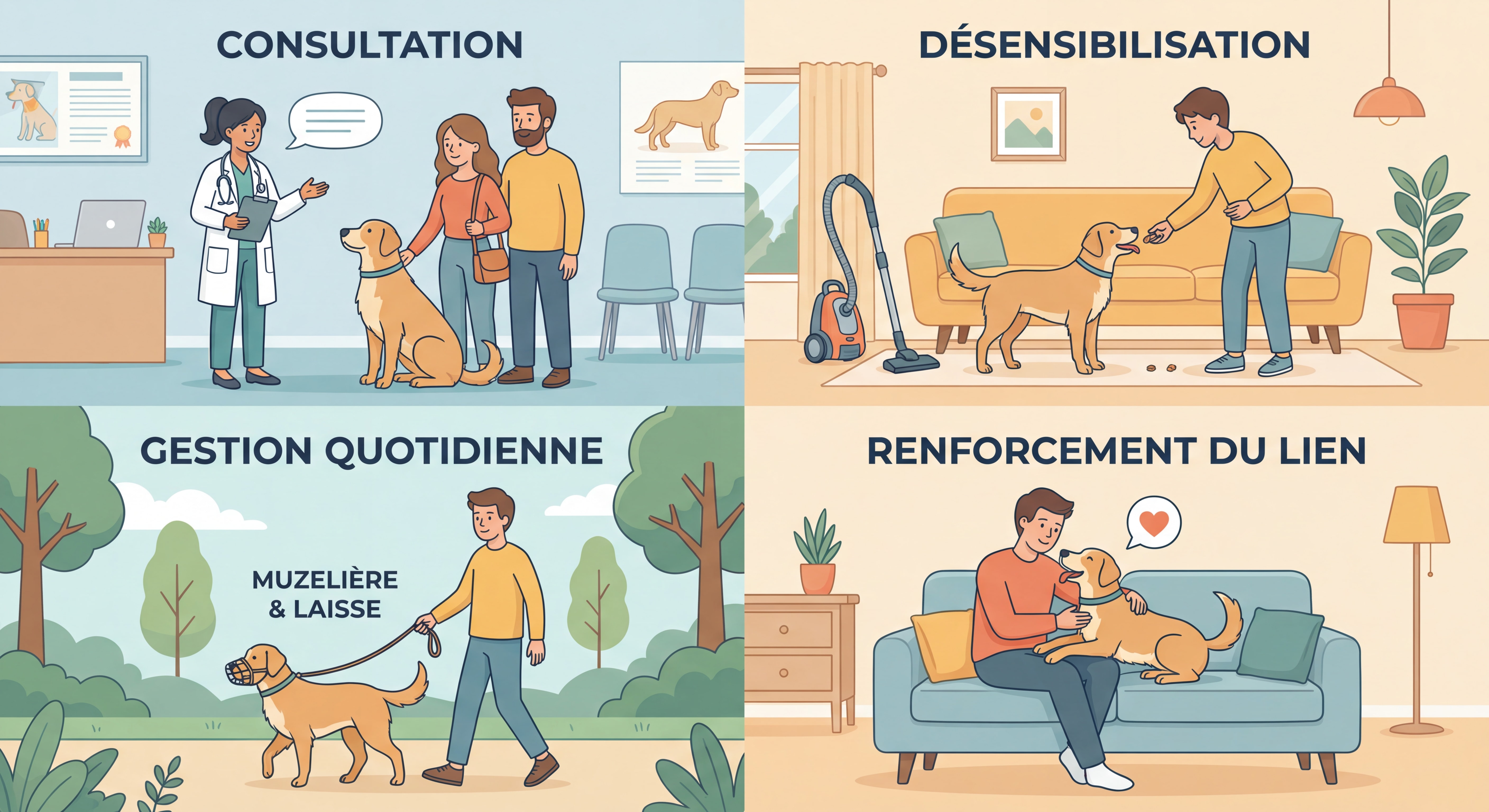 Illustration bienveillante et professionnelle des solutions comportementales et de rééducation canine : consultation comportementaliste, exercices de désensibilisation, gestion au quotidien avec muselière et laisse, renforcement du lien propriétaire-chien, ambiance chaleureuse