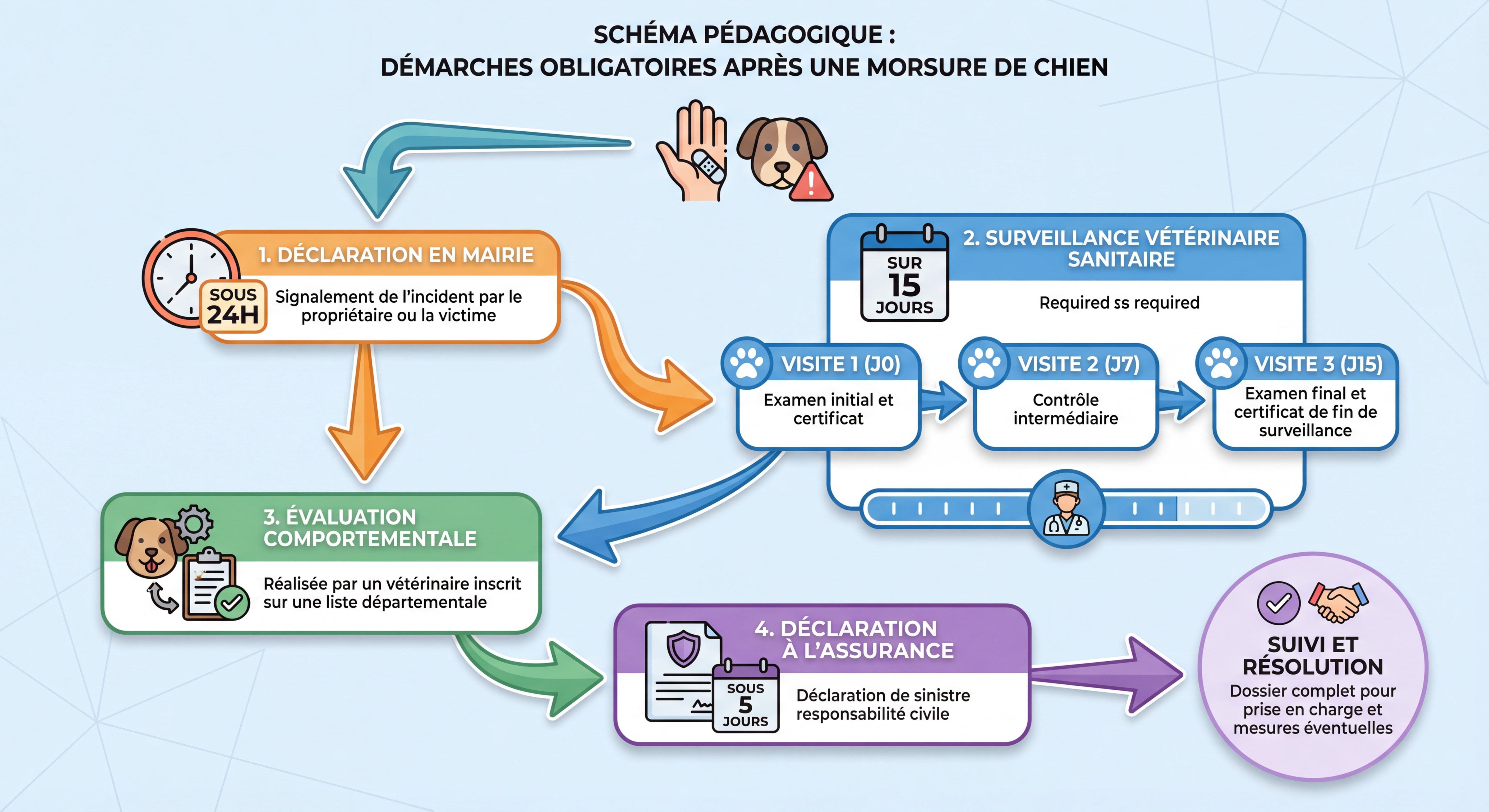 Schéma flowchart coloré et pédagogique des démarches obligatoires après une morsure de chien : déclaration en mairie sous 24h, surveillance vétérinaire en 3 visites sur 15 jours, évaluation comportementale, déclaration à l'assurance sous 5 jours, avec délais et flèches directionnelles