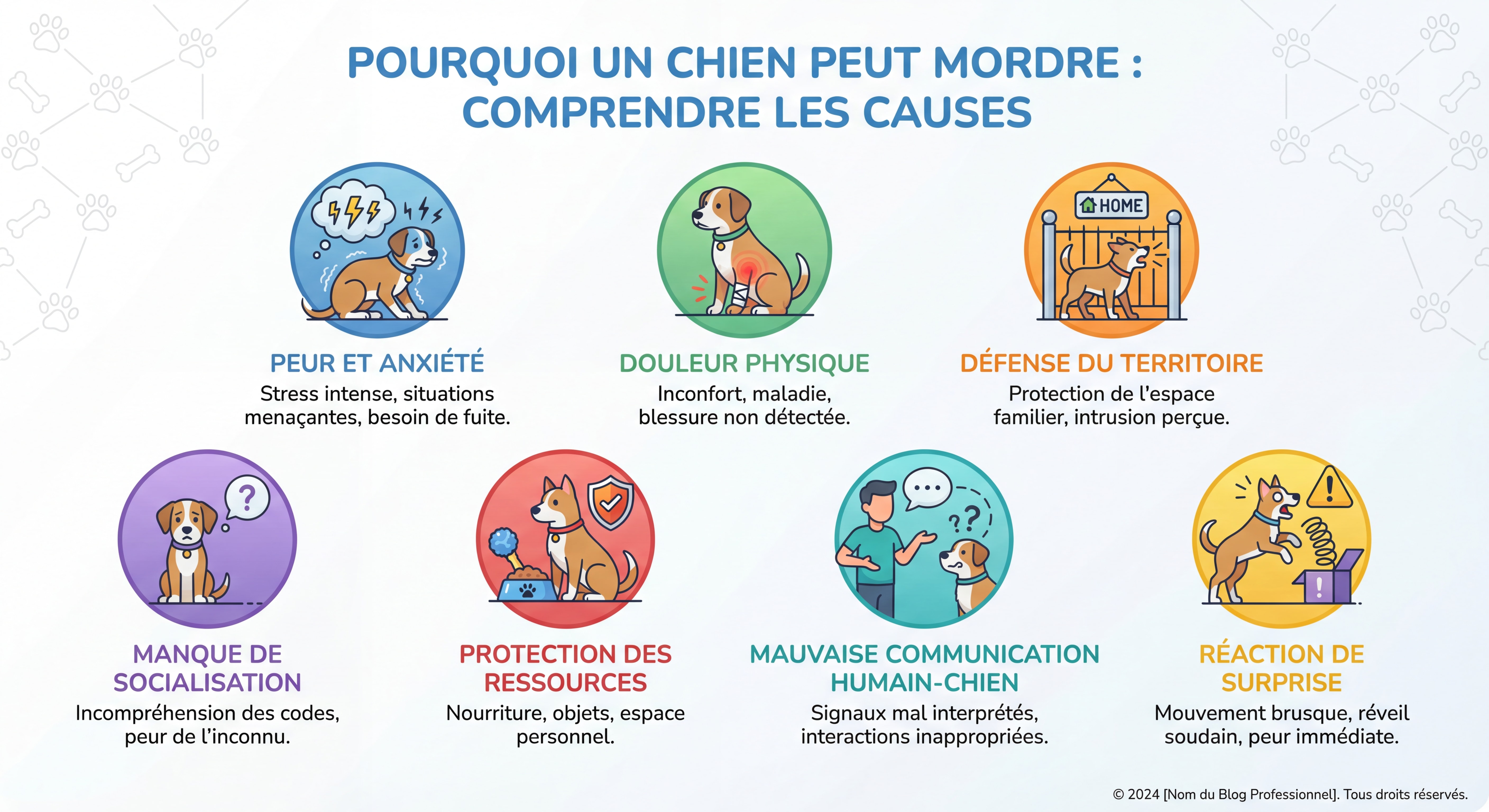 Infographie colorée avec icônes illustrant les raisons pour lesquelles un chien peut mordre : peur et anxiété, douleur physique, défense du territoire, manque de socialisation, protection des ressources, mauvaise communication humain-chien, réaction de surprise
