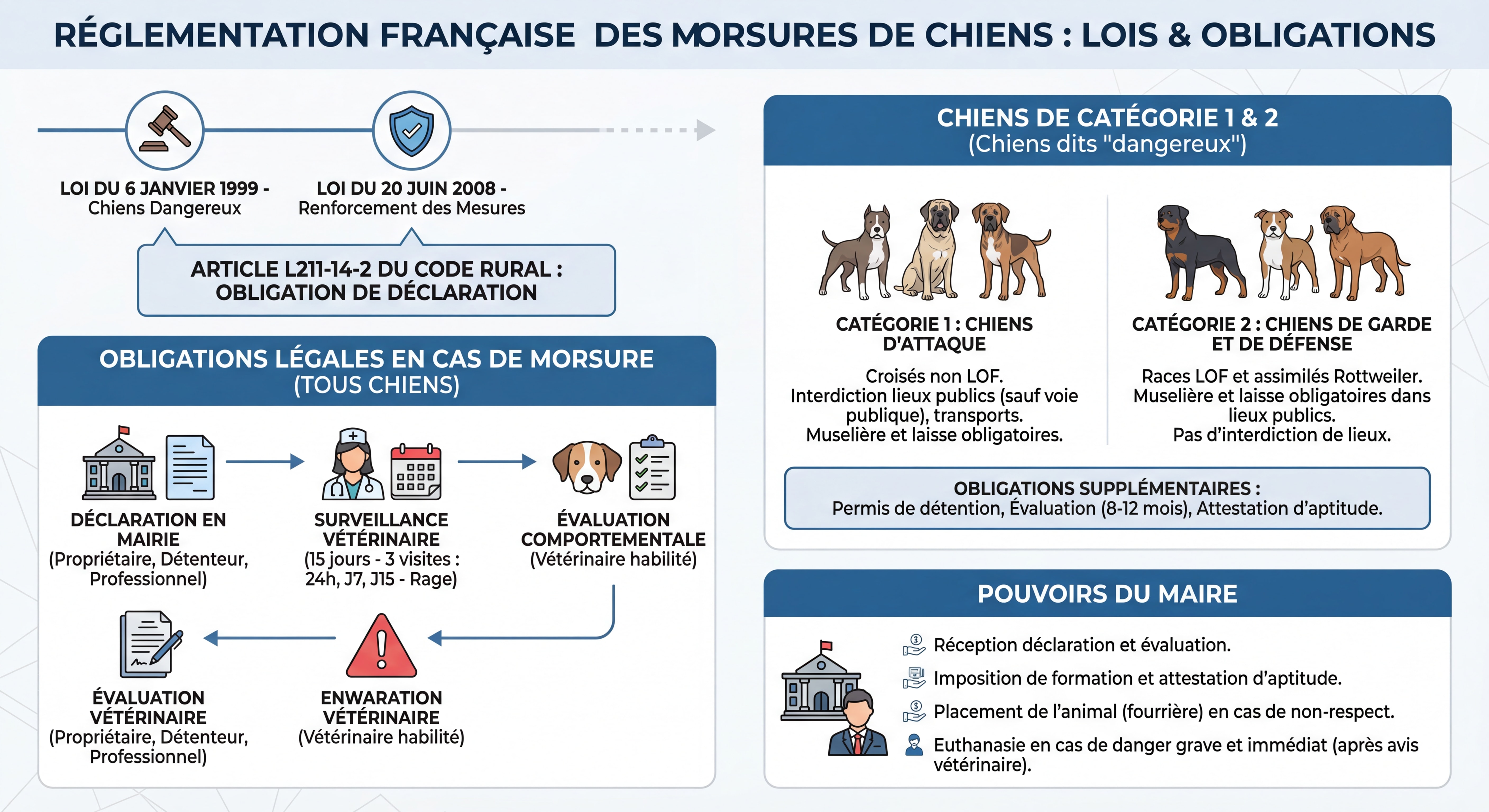 Infographie claire et détaillée sur la réglementation française des morsures de chiens : loi du 6 janvier 1999, loi du 20 juin 2008, article L211-14-2 du Code rural, obligations légales, chiens de catégorie 1 et 2, pouvoirs du maire