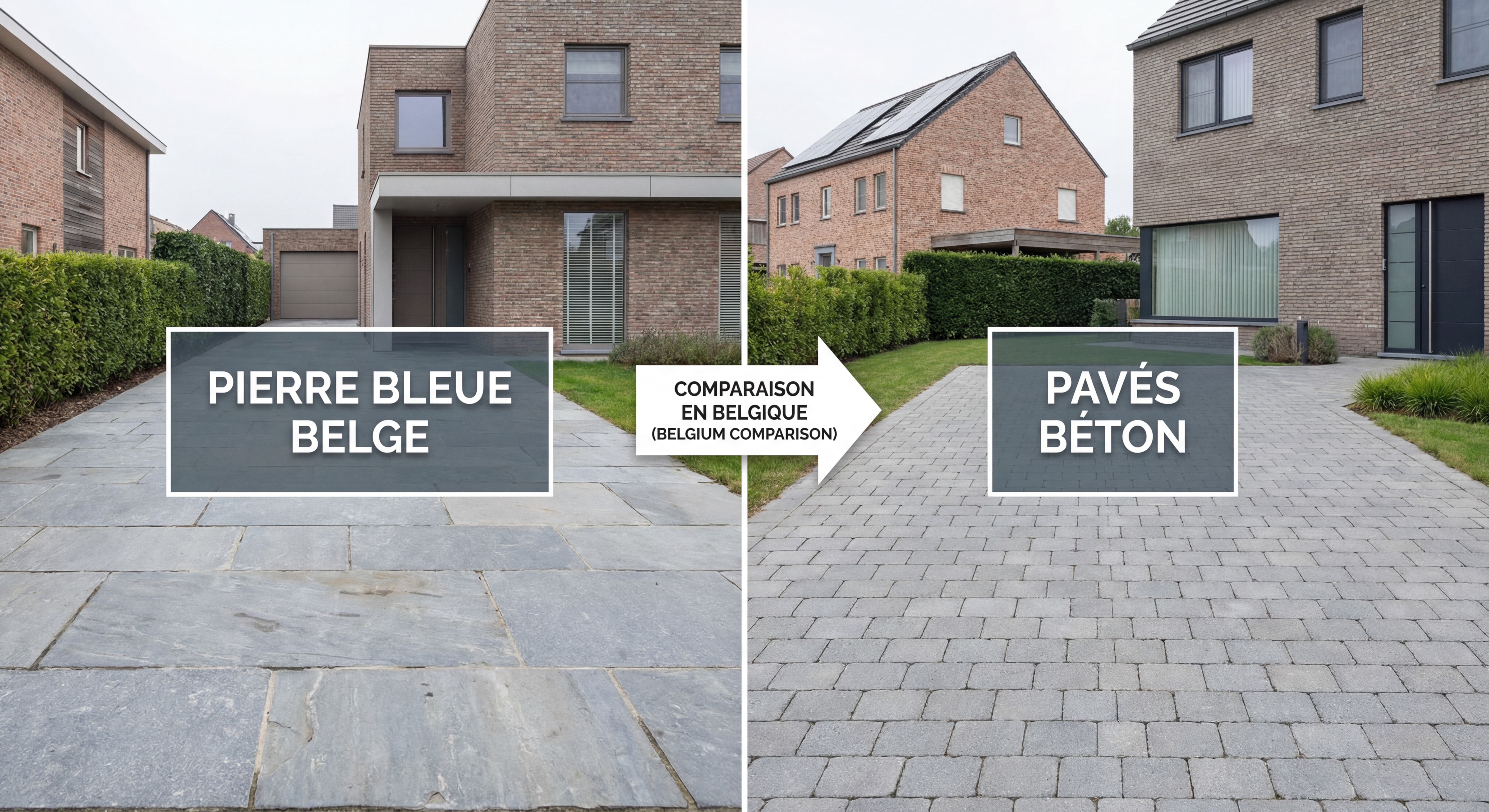 Comparaison allée en pierre bleue belge et allée en pavés béton en Belgique — côte à côte