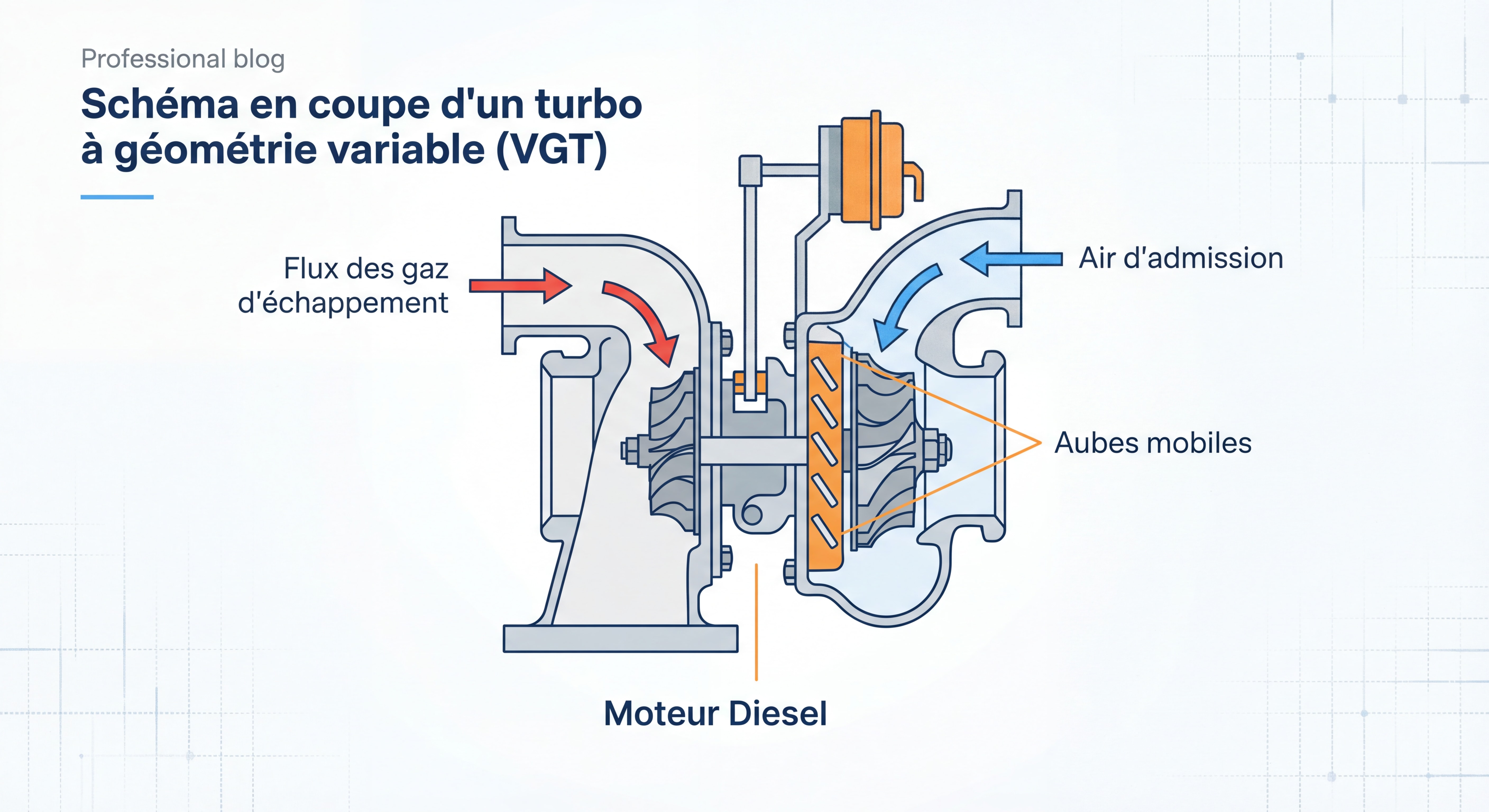 Schéma en coupe d'un turbo à géométrie variable (VGT) avec aubes mobiles et flux des gaz d'échappement sur moteur diesel